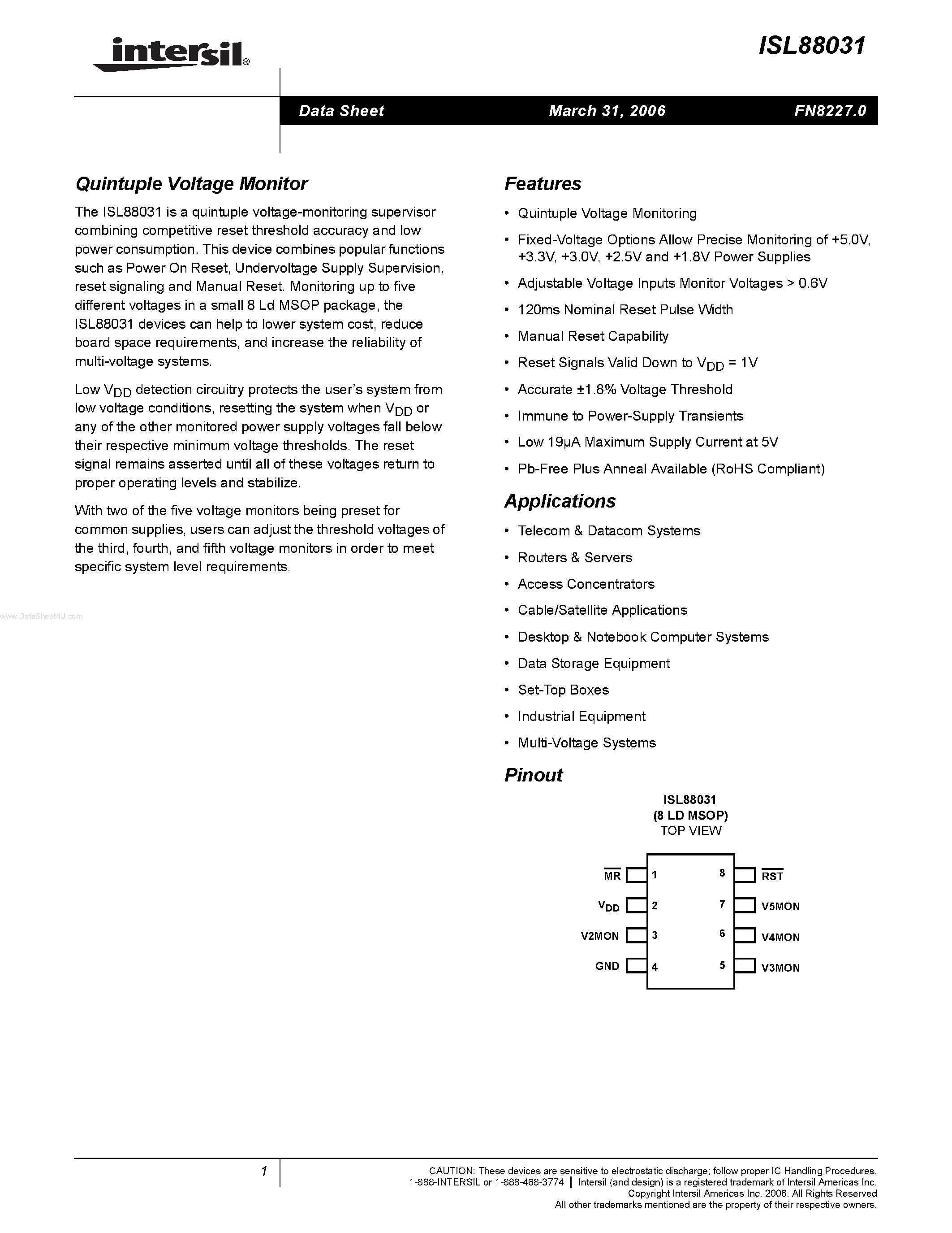 Datasheet ISL88031 - Quintuple Voltage Monitor page 1