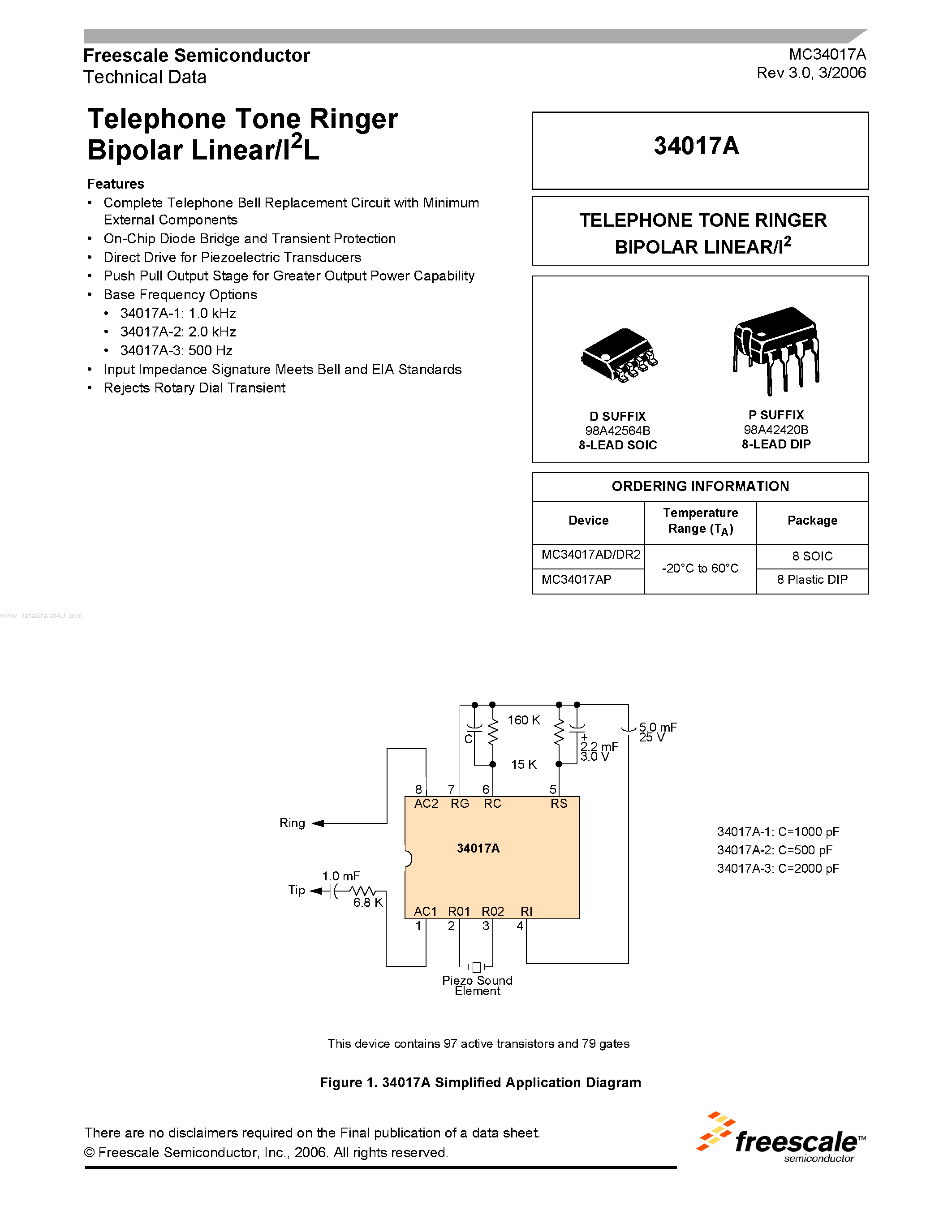 Datasheet MC34017A - Telephone Tone Ringer Bipolar Linear/I2L page 1