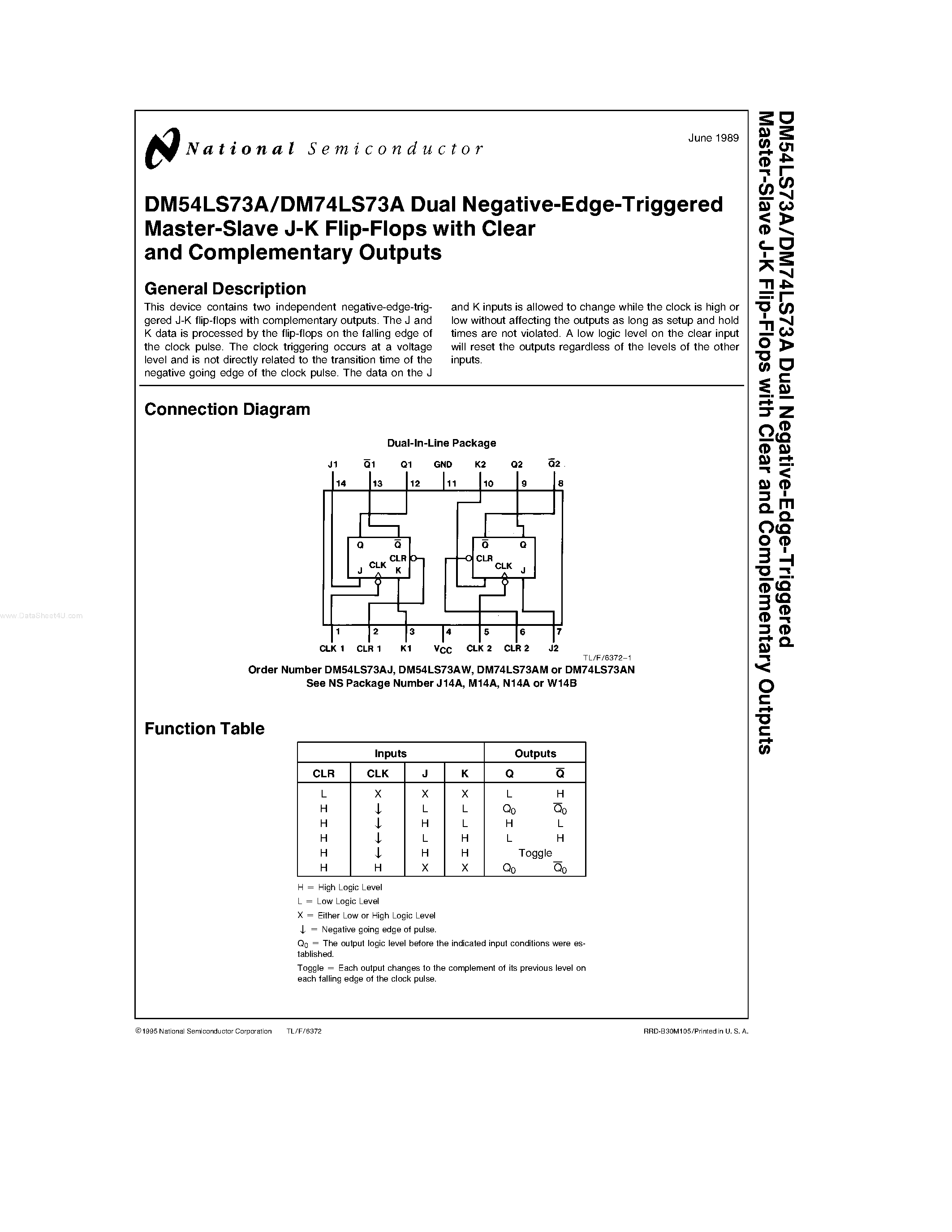Даташит DM54LS73A - Dual Negative-Edge-Triggered Master-Slave J-K Flip-Flops страница 1
