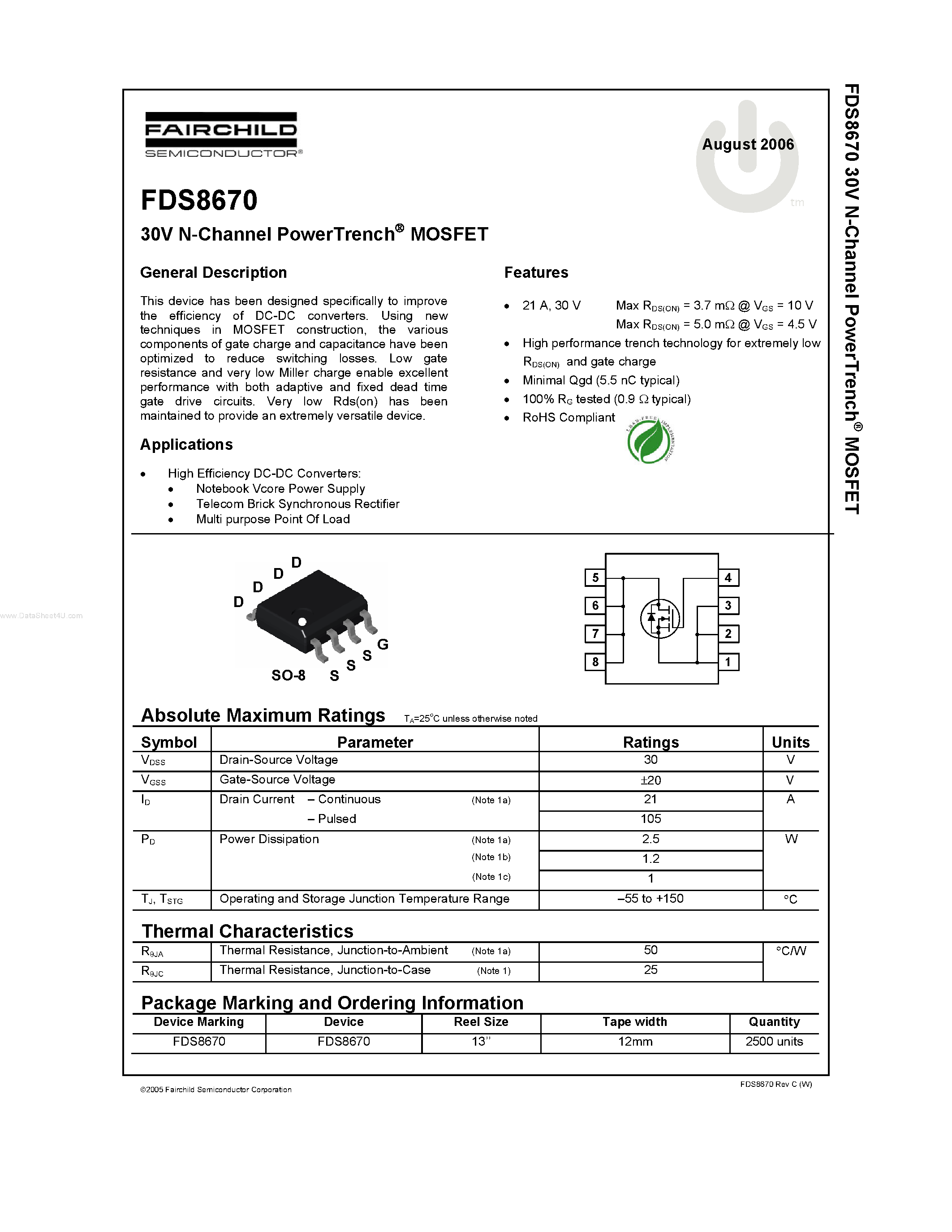 Даташит FDS8670 - 30V N-Channel PowerTrench MOSFET страница 1