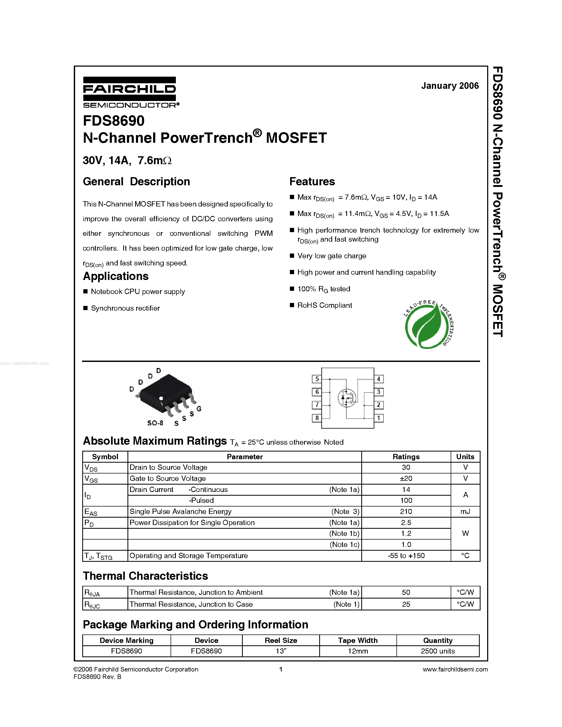 Даташит FDS8690 - N-Channel PowerTrench MOSFET страница 1