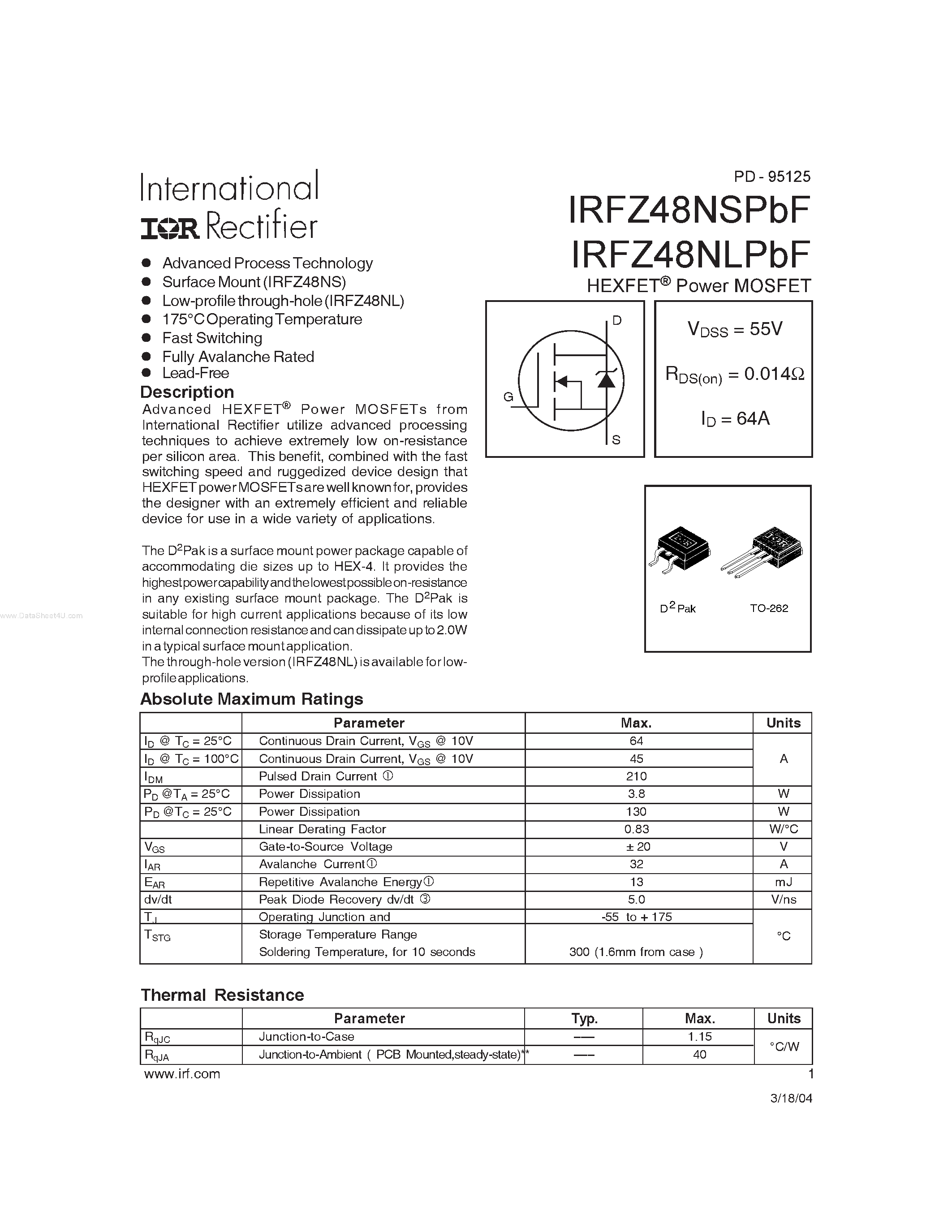 Даташит IRFZ48NLPBF - HEXFET Power MOSFET страница 1