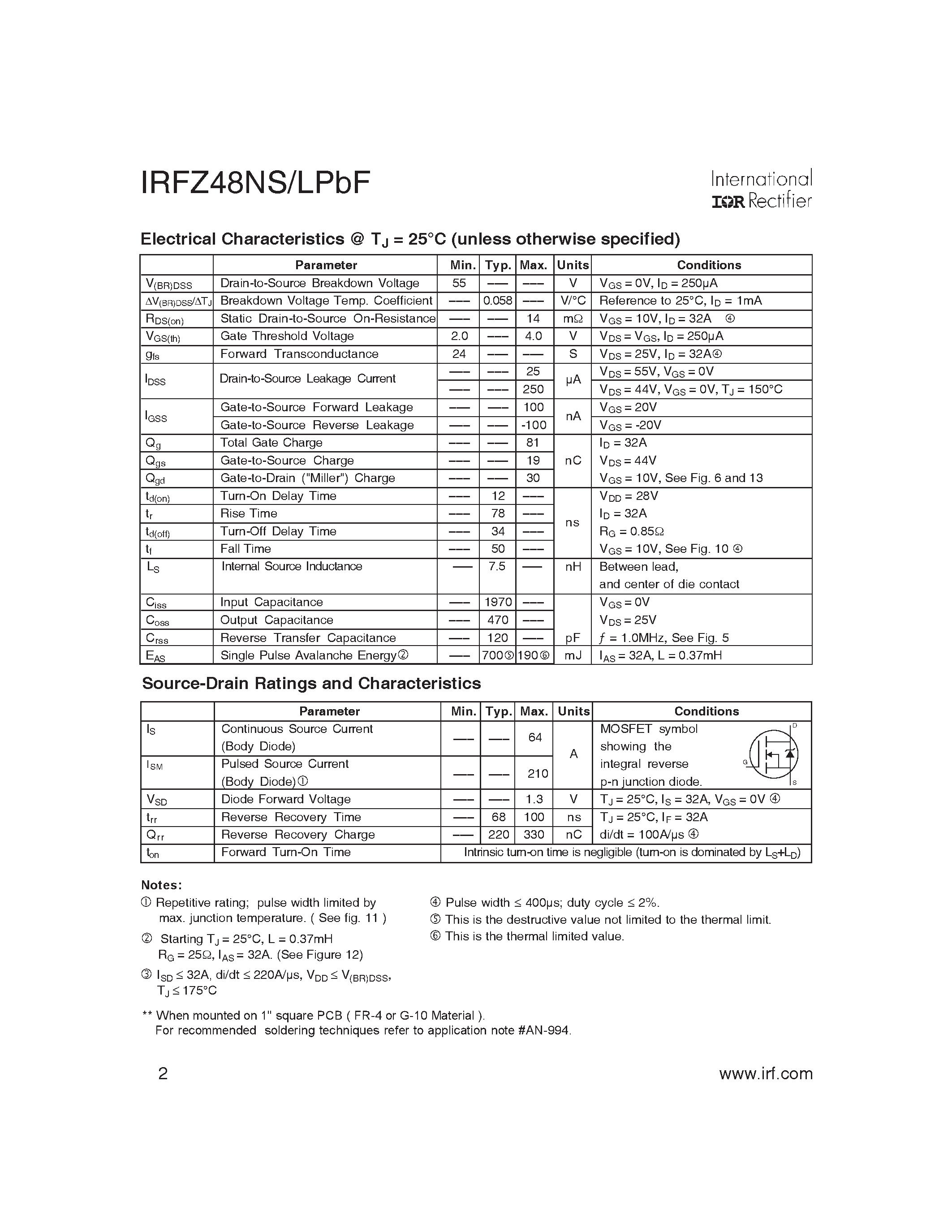 Даташит IRFZ48NLPBF - HEXFET Power MOSFET страница 2