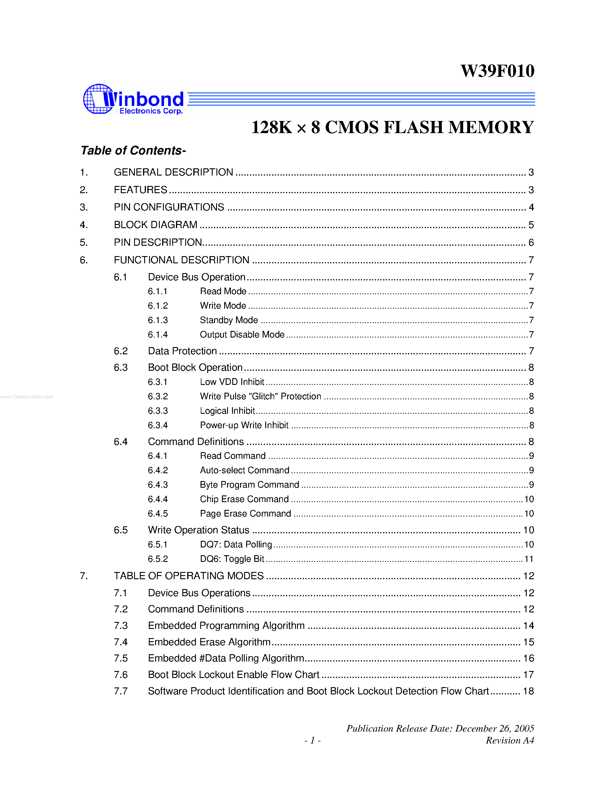 Datasheet W39F010 - 128K X 8 CMOS FLASH MEMORY page 1