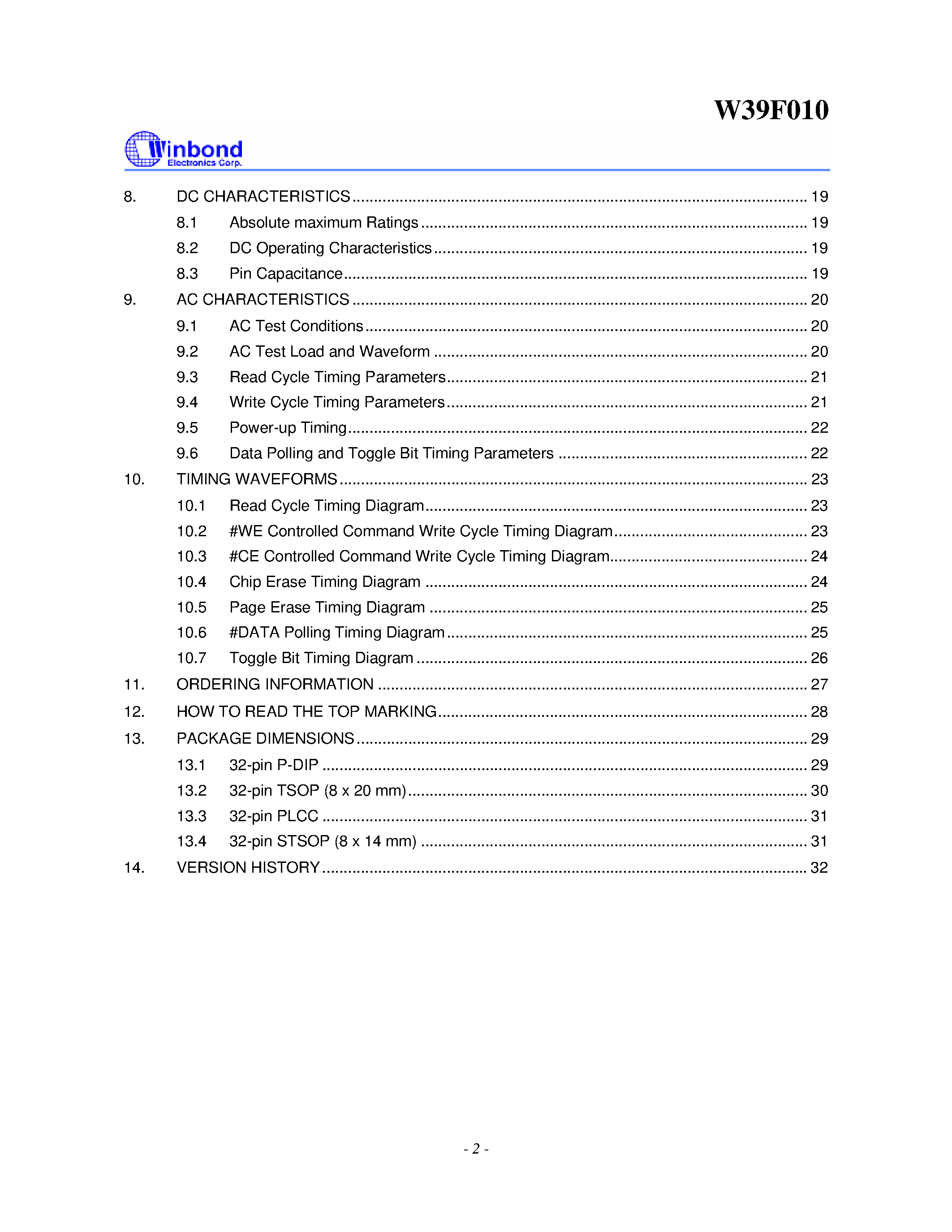 Datasheet W39F010 - 128K X 8 CMOS FLASH MEMORY page 2