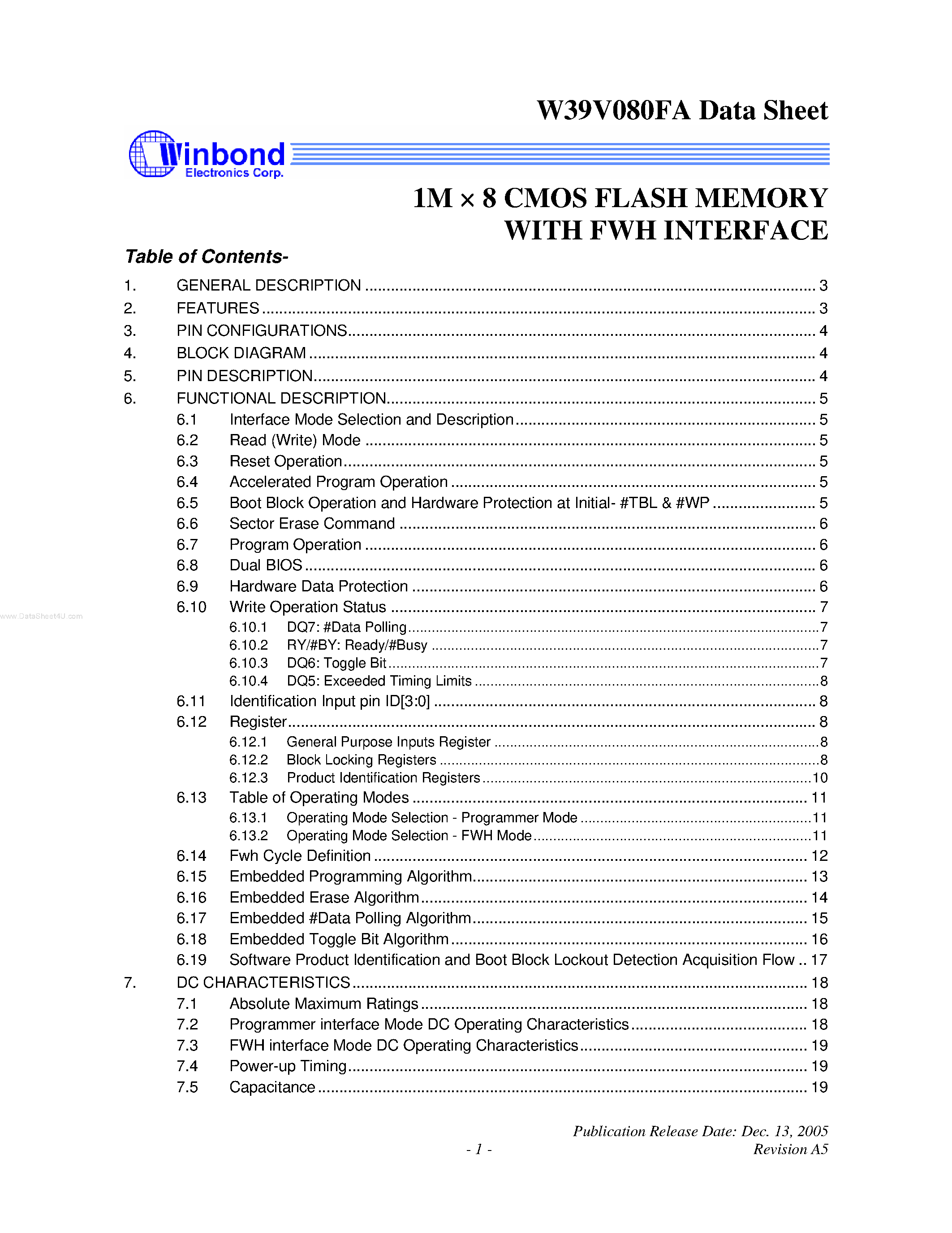 Datasheet W39V080FA - 1M X 8 CMOS FLASH MEMORY page 1