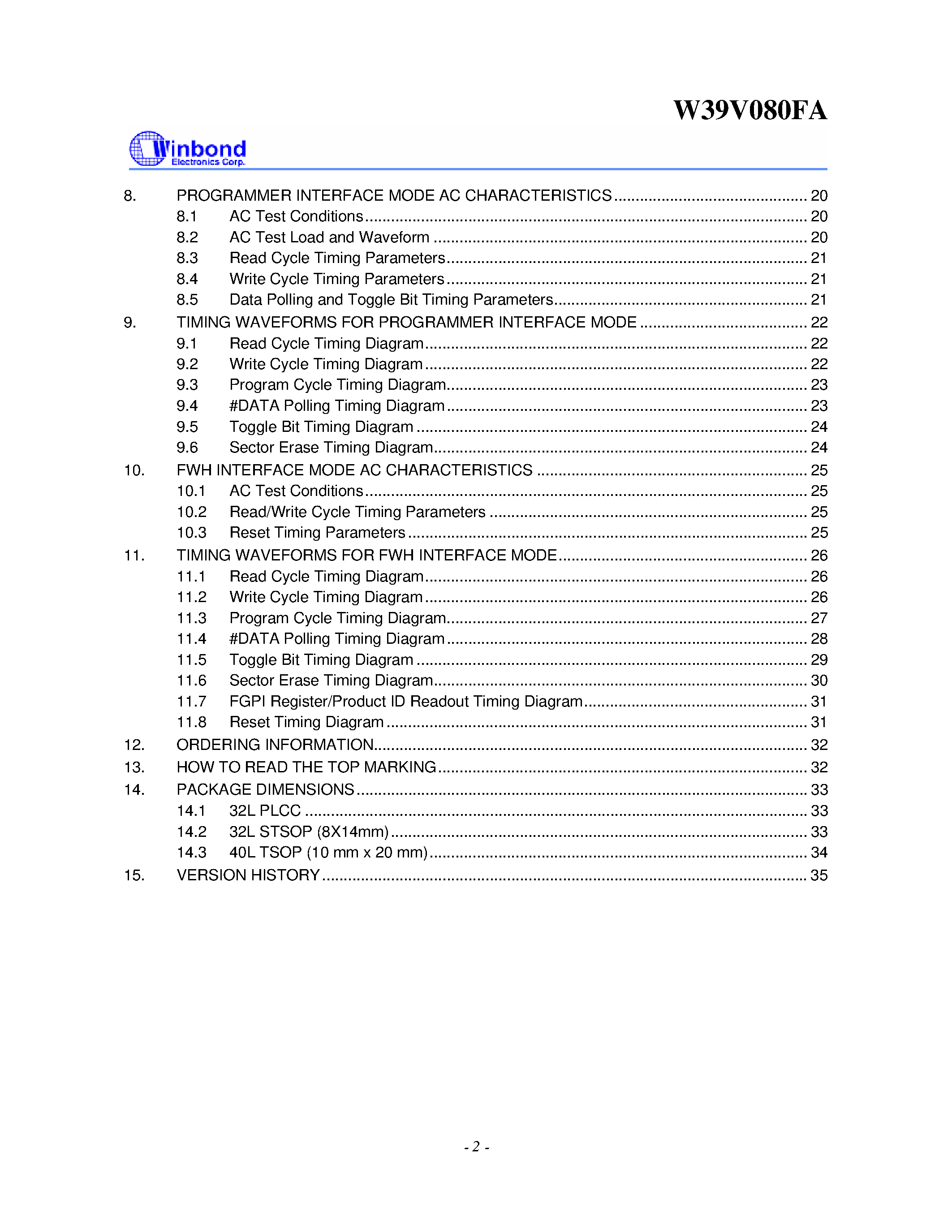 Datasheet W39V080FA - 1M X 8 CMOS FLASH MEMORY page 2