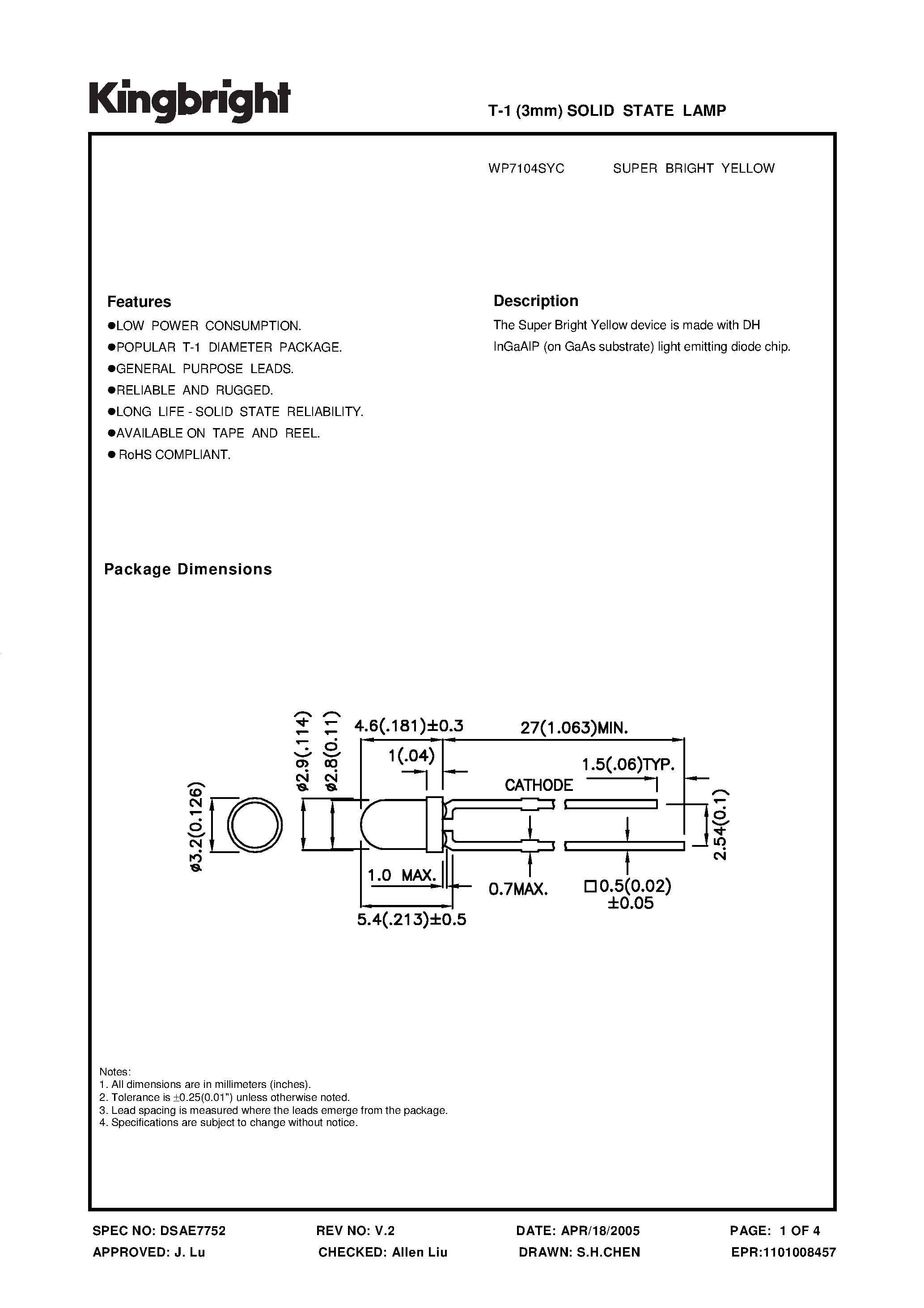 Datasheet WP7104SYC - SOLID STATE LAMP page 1