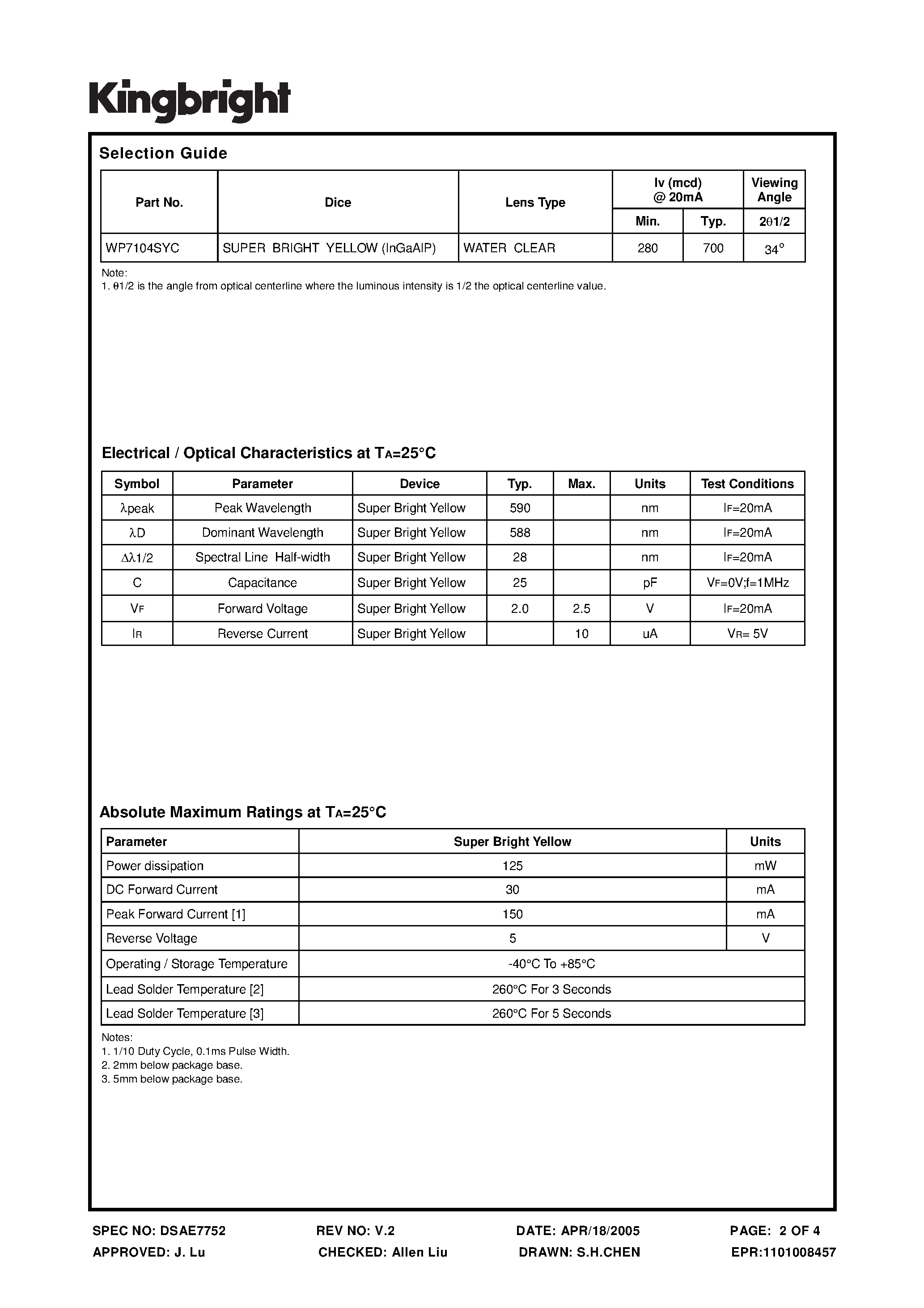 Datasheet WP7104SYC - SOLID STATE LAMP page 2