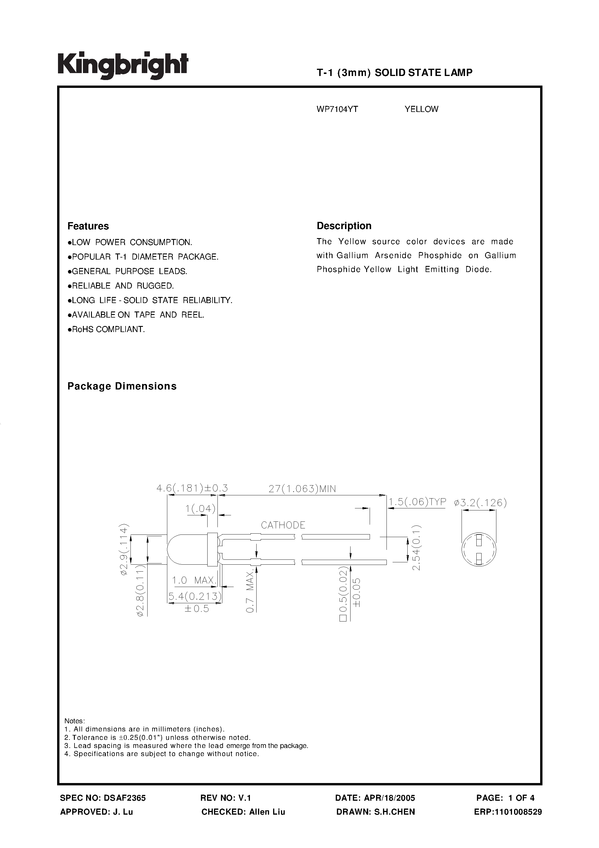 Datasheet WP7104YT - SOLID STATE LAMP page 1