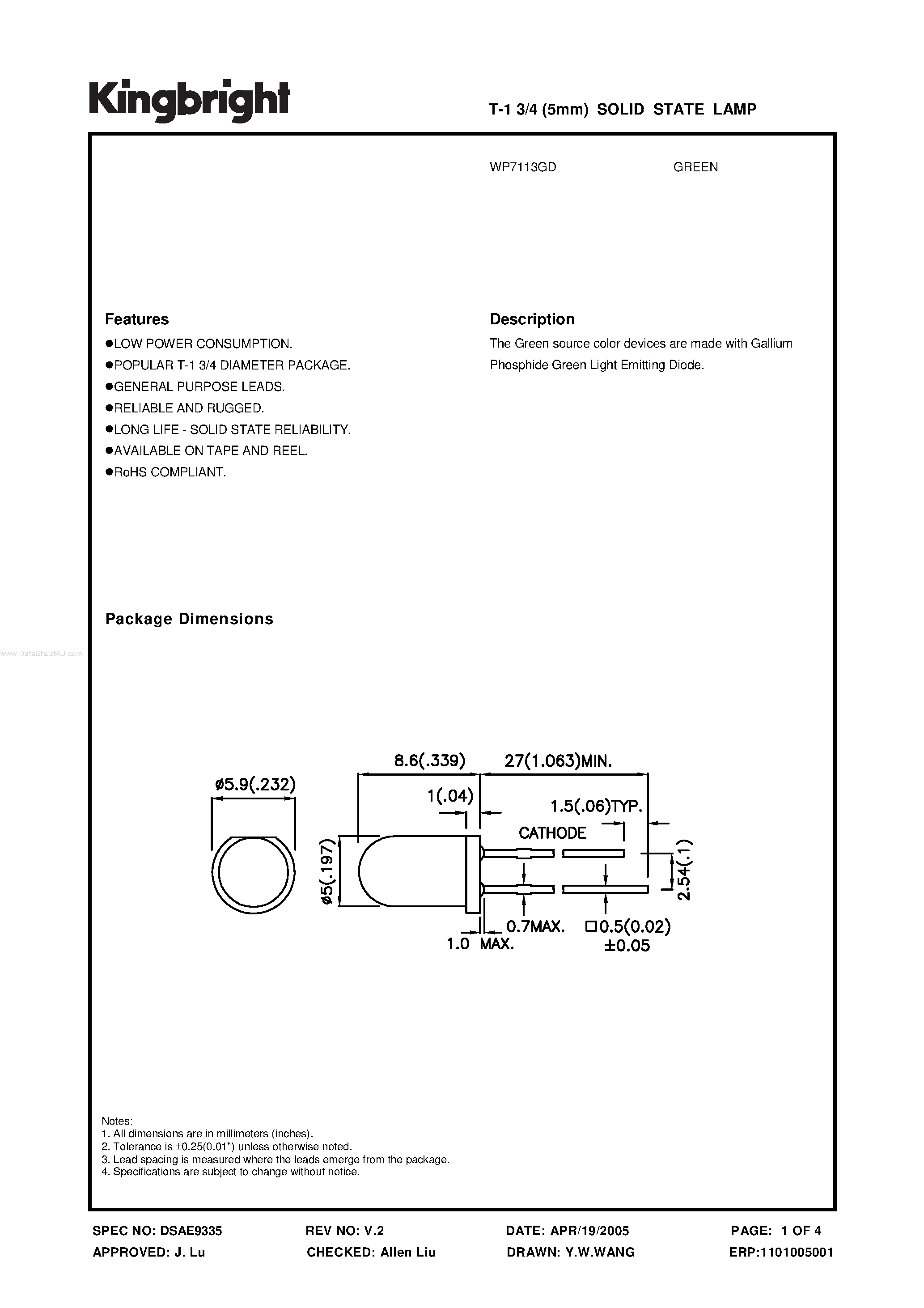 Datasheet WP7113GD - SOLID STATE LAMP page 1