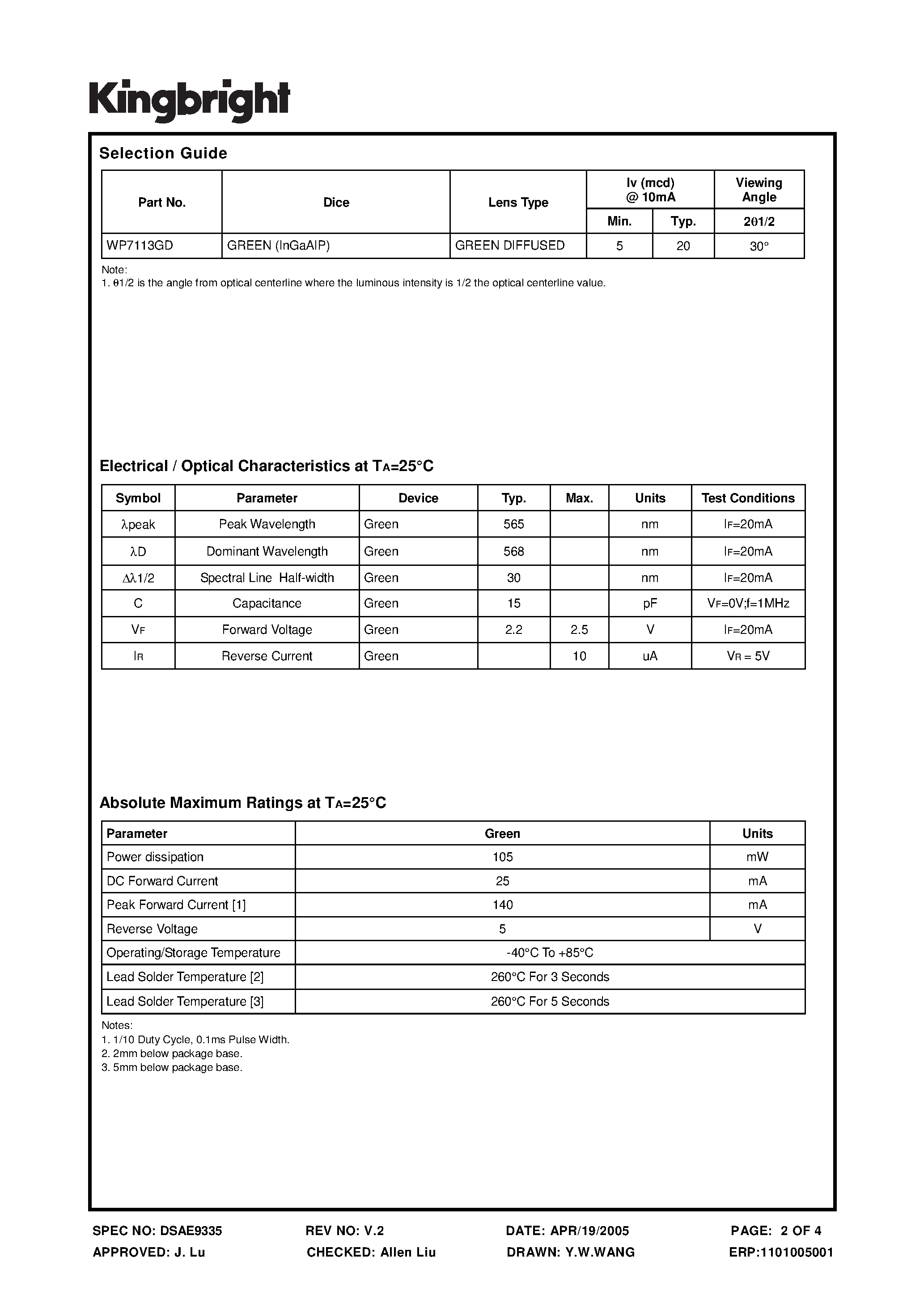 Datasheet WP7113GD - SOLID STATE LAMP page 2