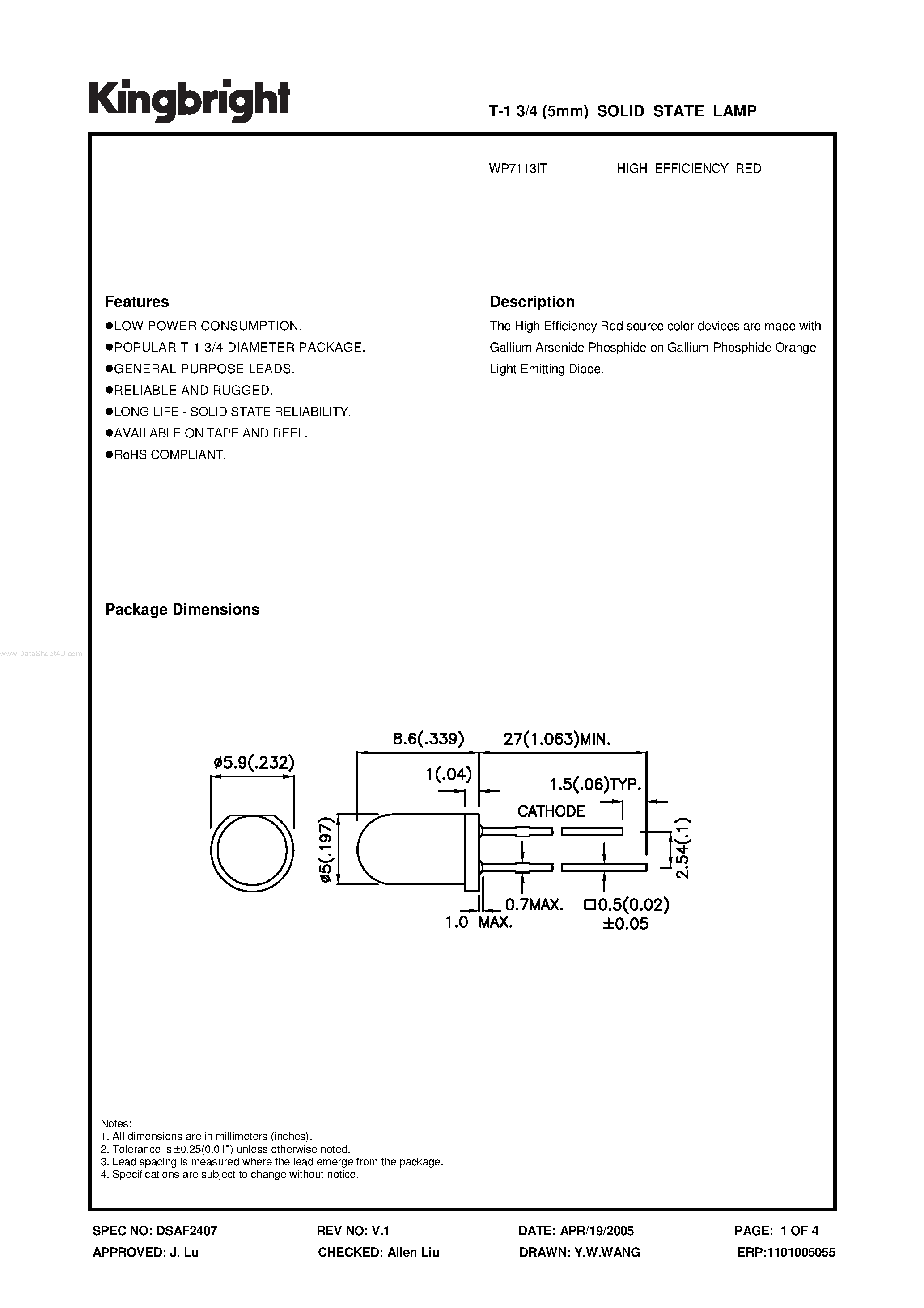 Datasheet WP7113IT - SOLID STATE LAMP page 1