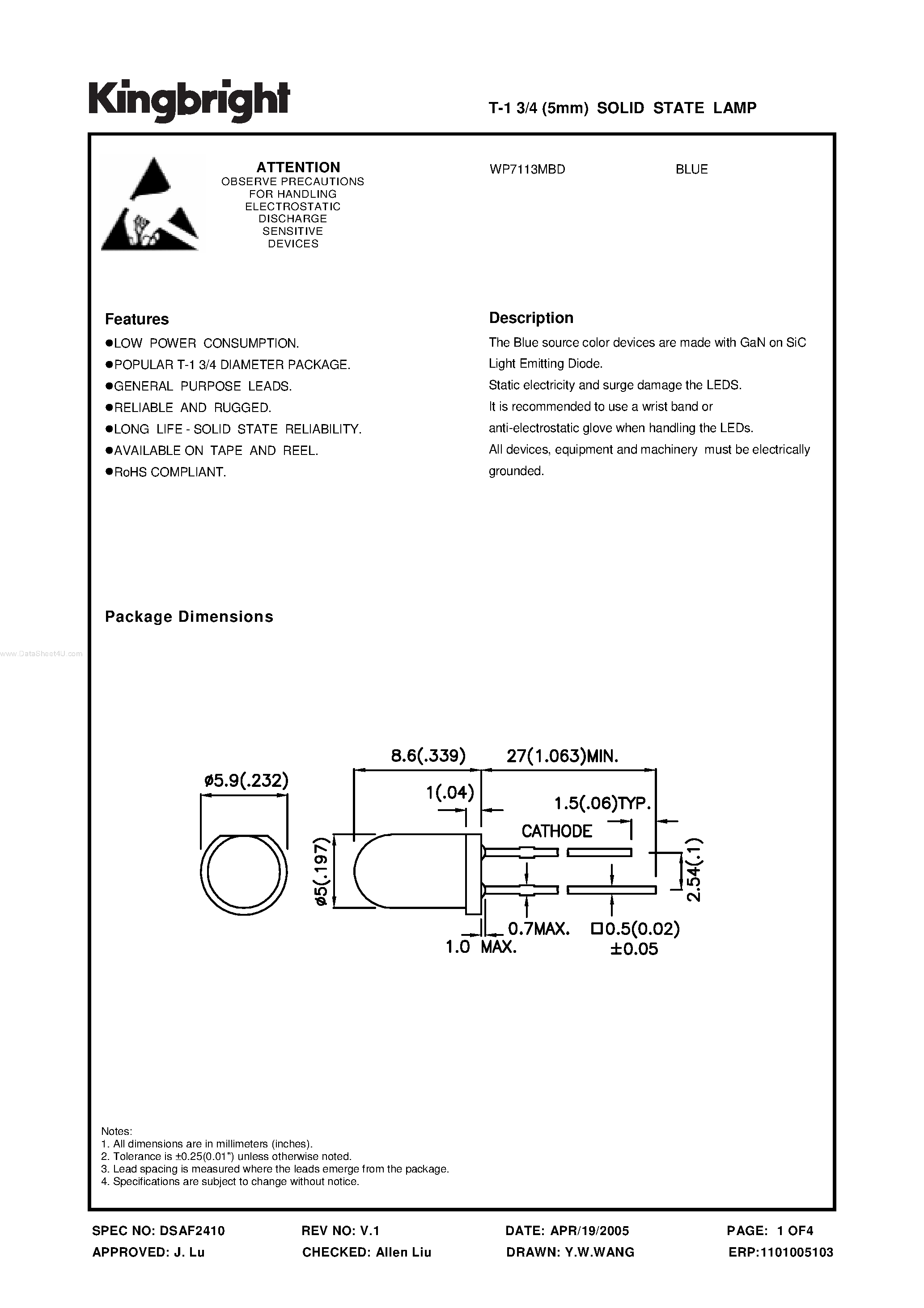 Datasheet WP7113MBD - SOLID STATE LAMP page 1