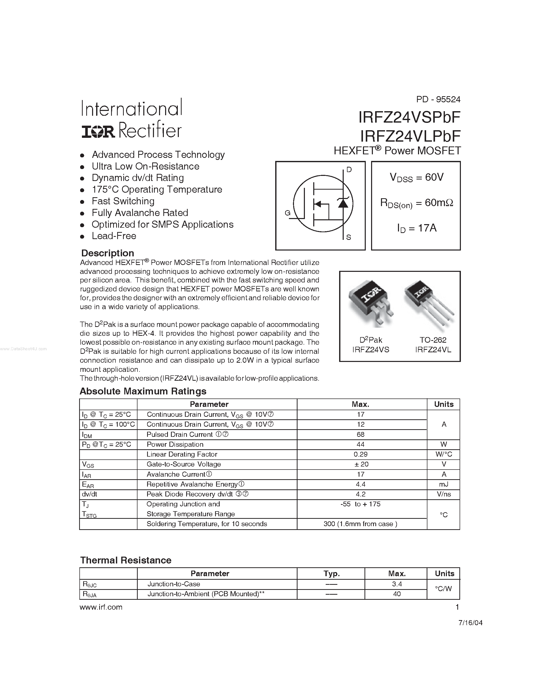 Даташит IRFZ24VLPbF - HEXFET Power MOSFET страница 1