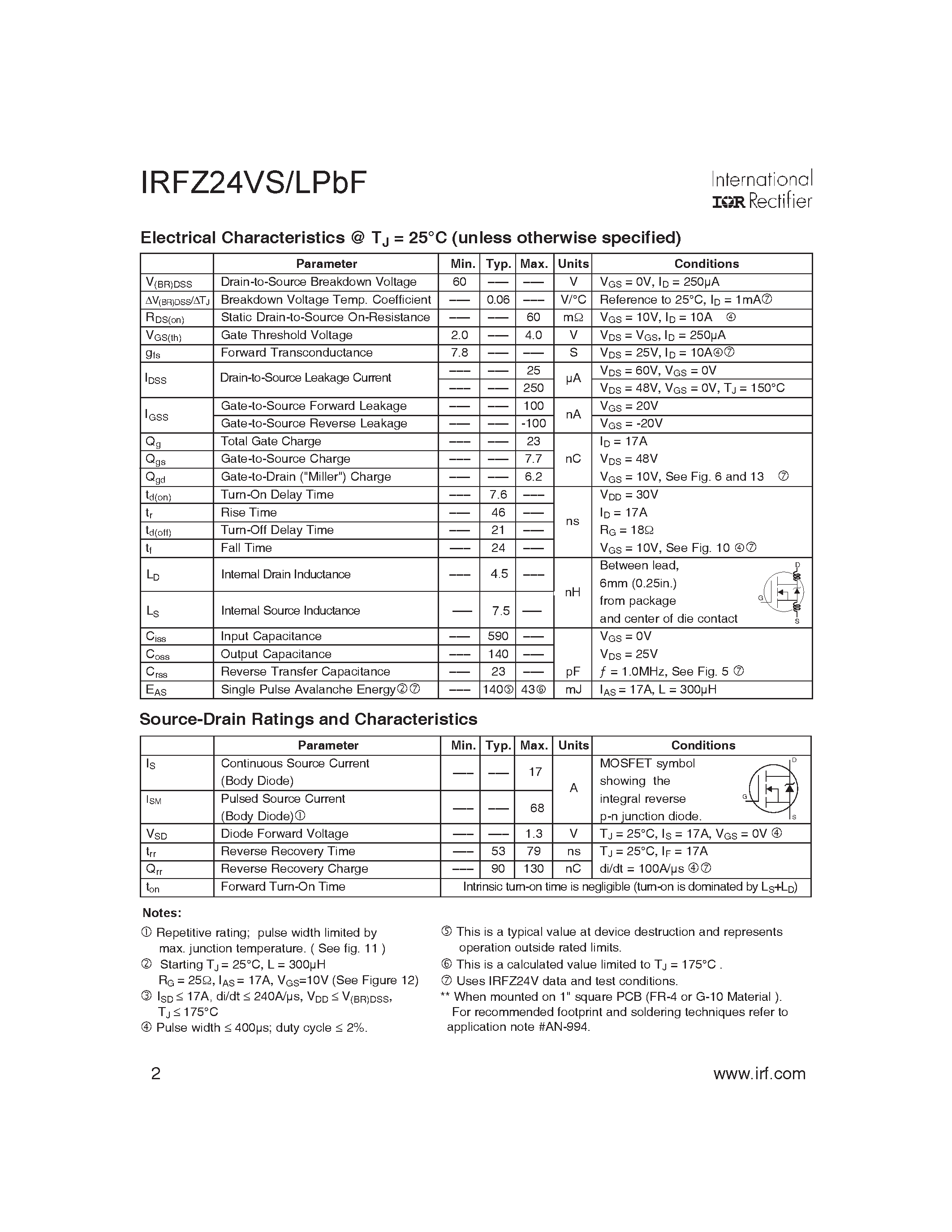 Даташит IRFZ24VLPbF - HEXFET Power MOSFET страница 2