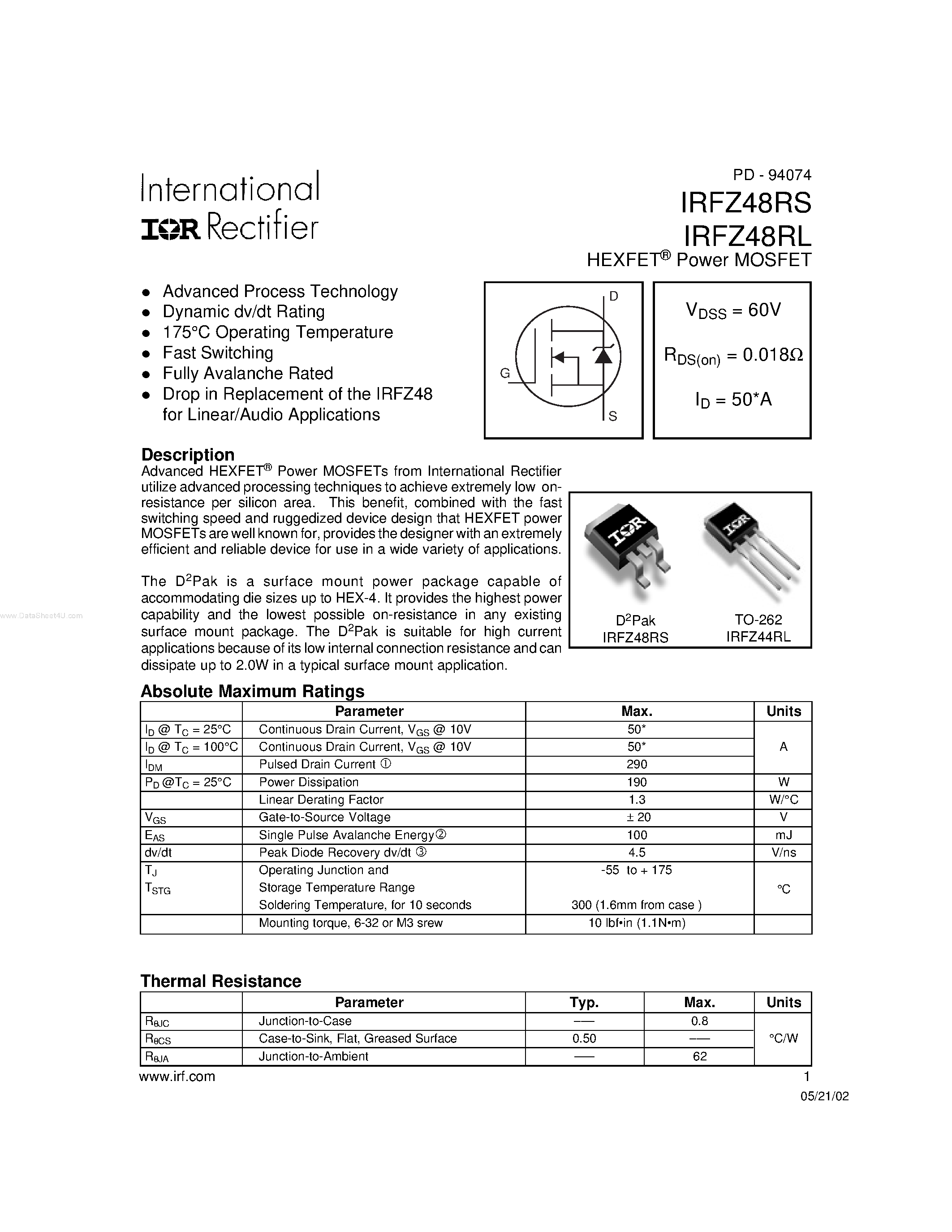 Даташит IRFZ48RL - HEXFET Power MOSFET страница 1