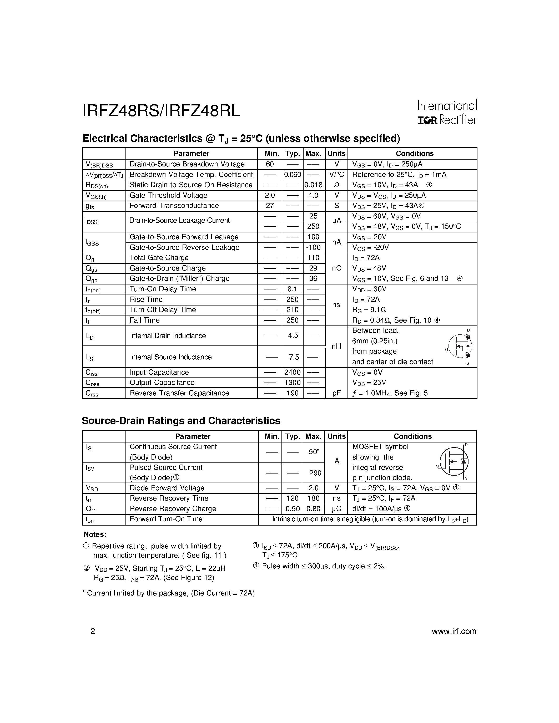 Даташит IRFZ48RL - HEXFET Power MOSFET страница 2