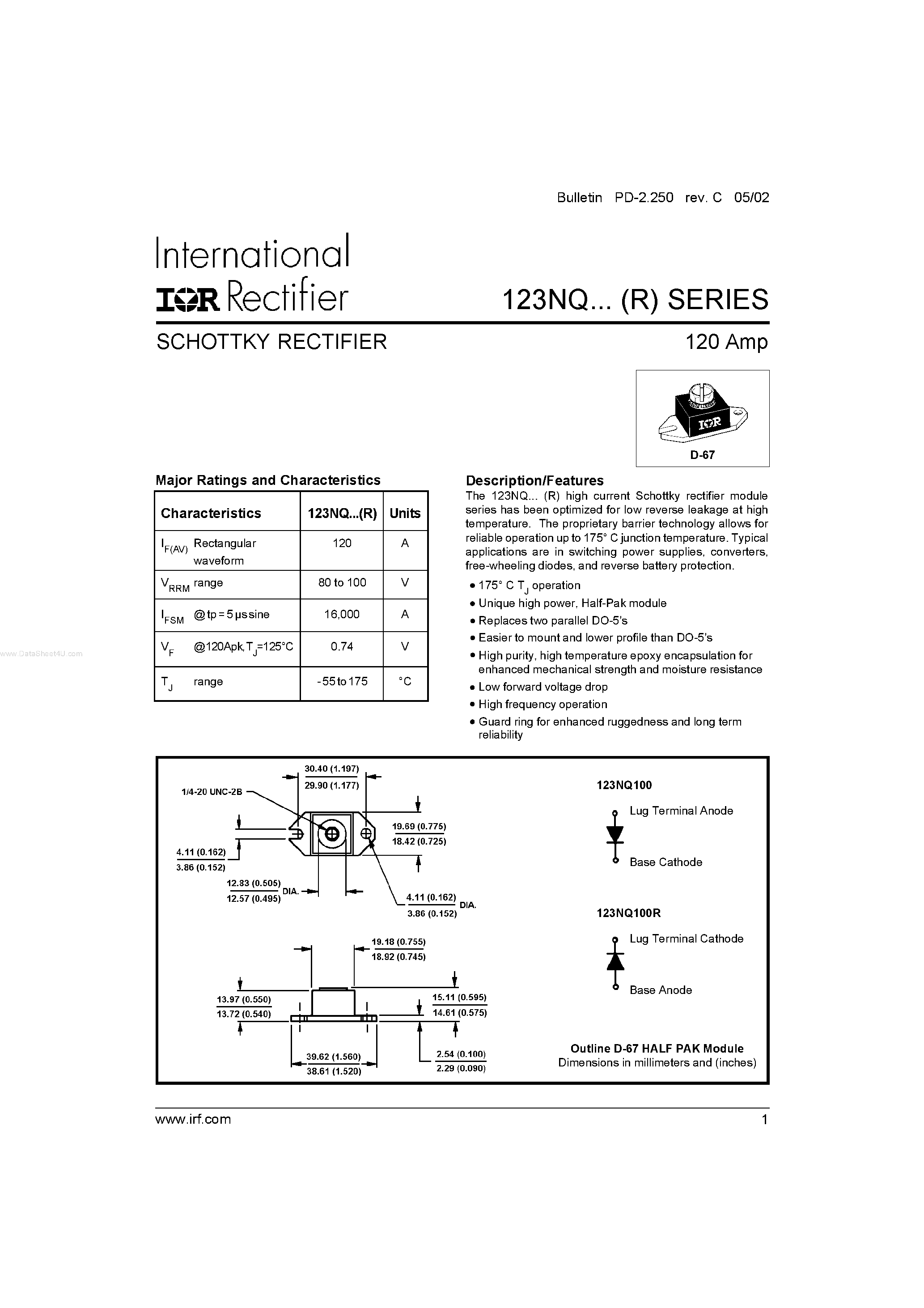 Datasheet 123NQ080 - (123NQxxx) SCHOTTKY RECTIFIER page 1