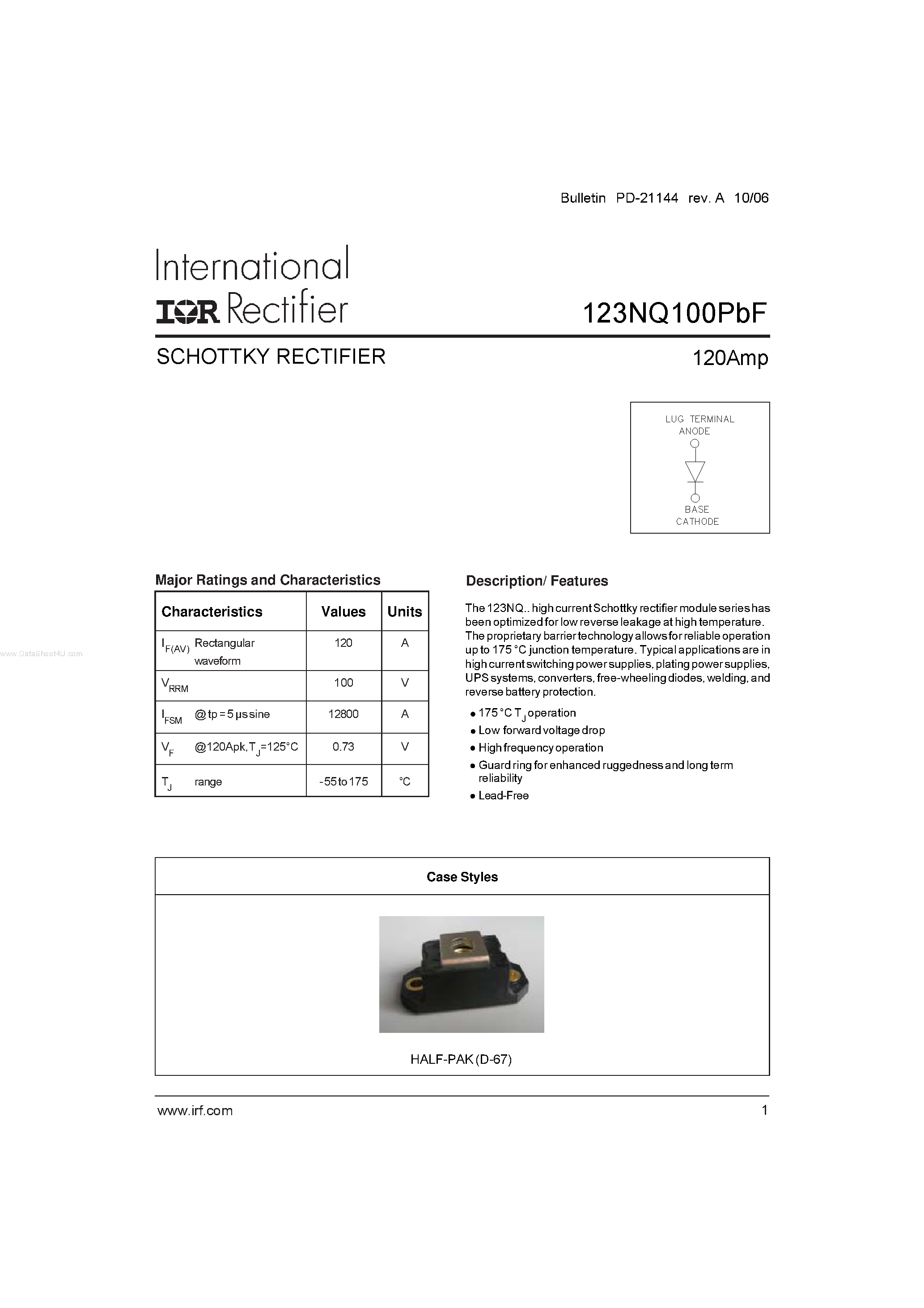 Datasheet 123NQ100PBF - SCHOTTKY RECTIFIER page 1