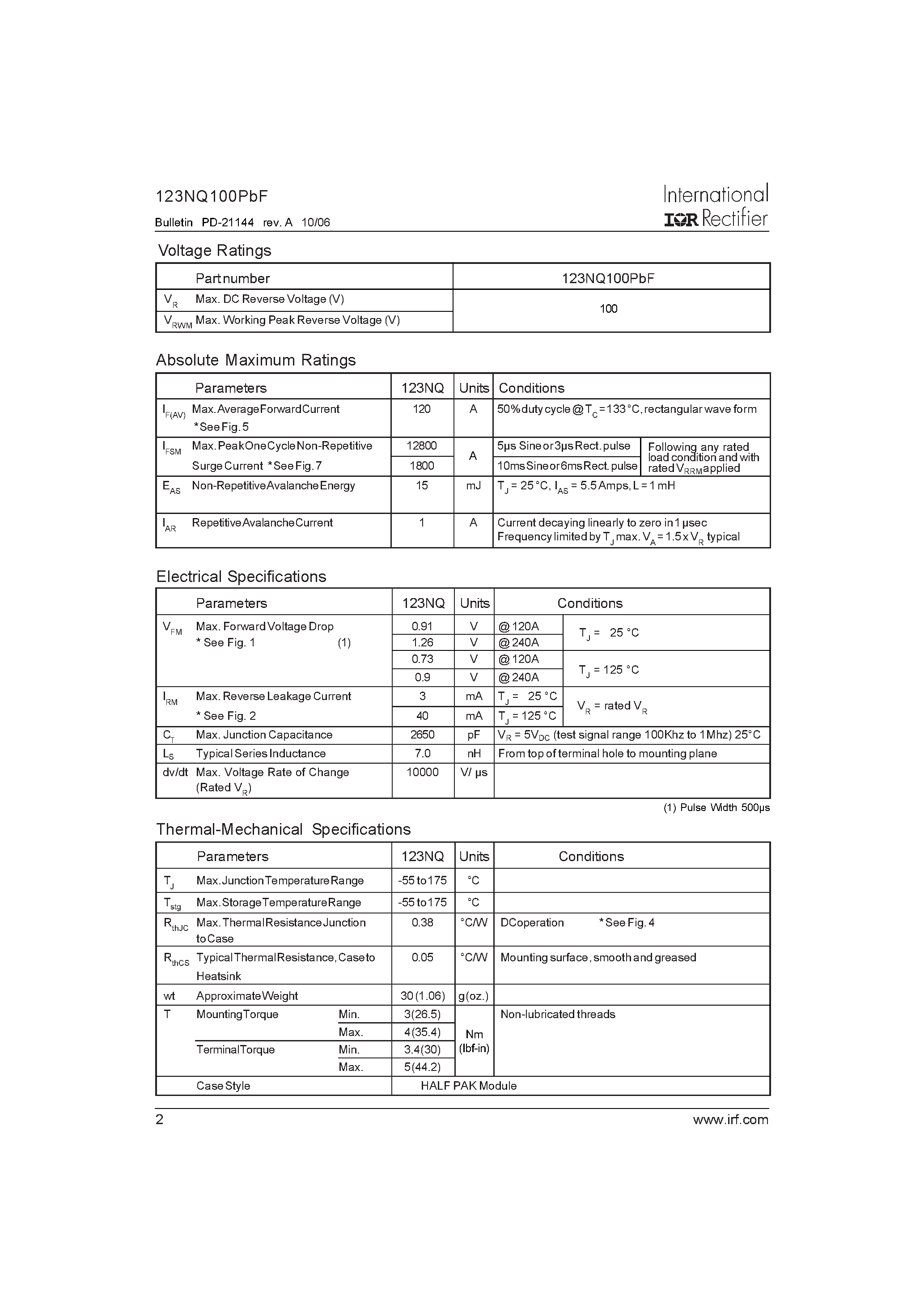 Datasheet 123NQ100PBF - SCHOTTKY RECTIFIER page 2