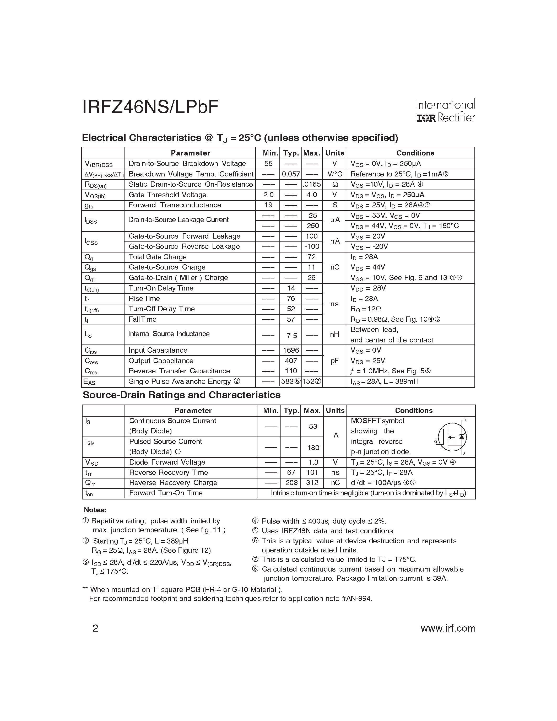 Даташит IRFZ46NLPbF - HEXFET Power MOSFET страница 2