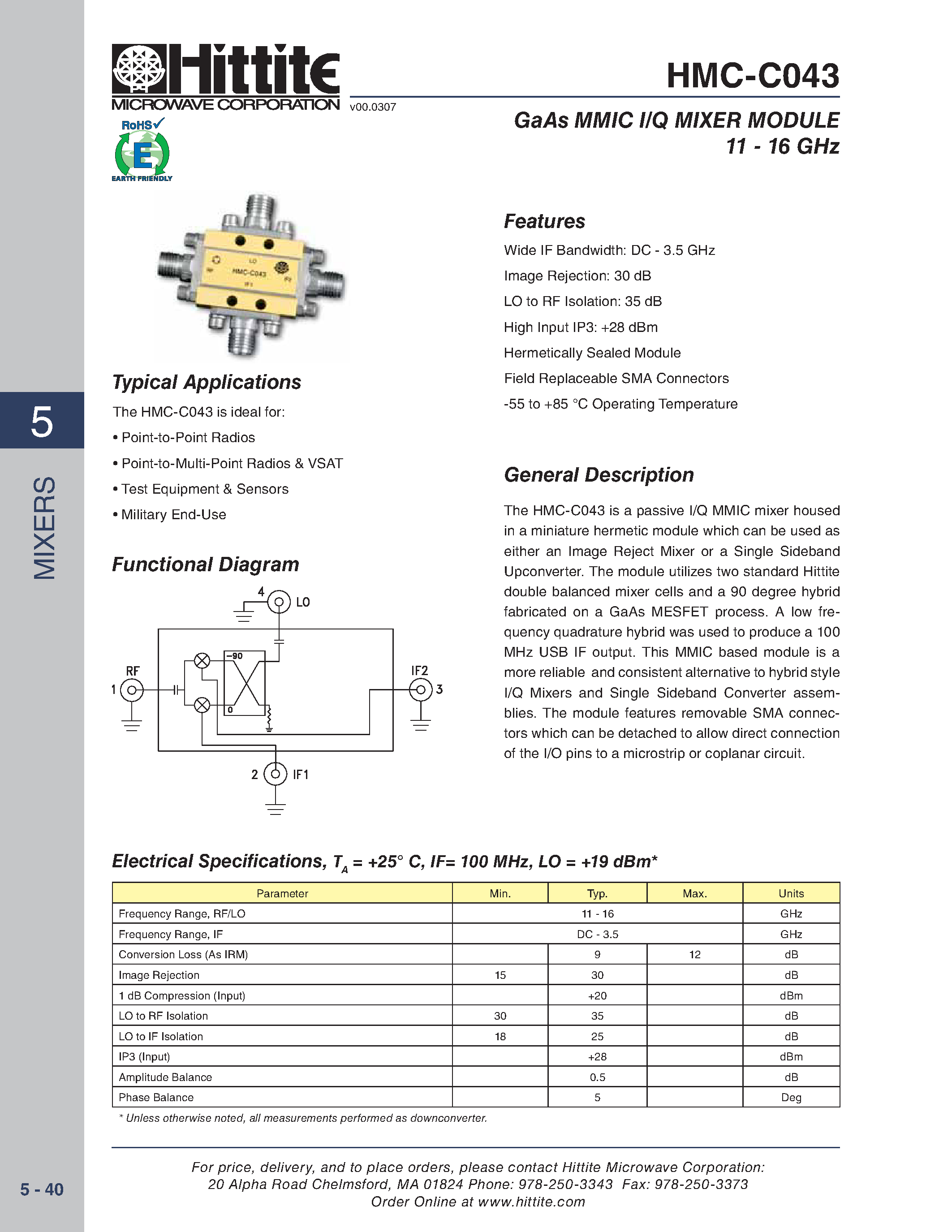 Даташит HMC-C043 - GaAs MMIC I/Q MIXER MODULE страница 1