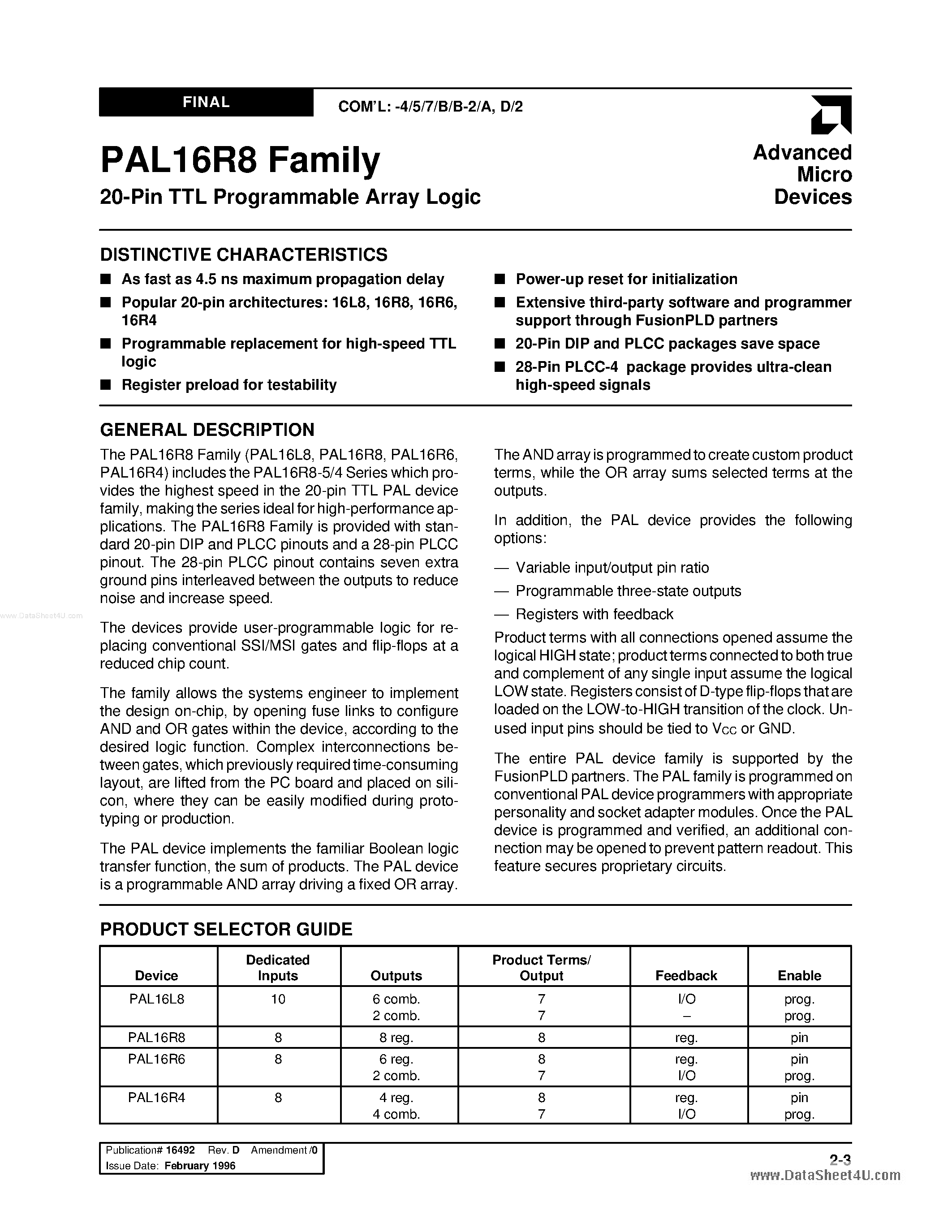 Даташит PAL16L8 - (PAL16xx) 20-Pin TTL Programmable Array Logic страница 1