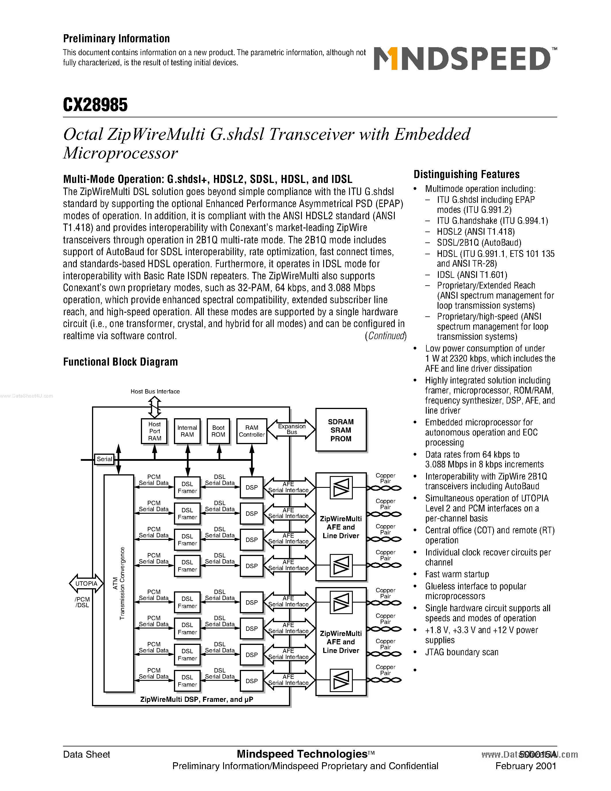 Datasheet CX28985 - Octal G.Shdsl Transceiver page 1