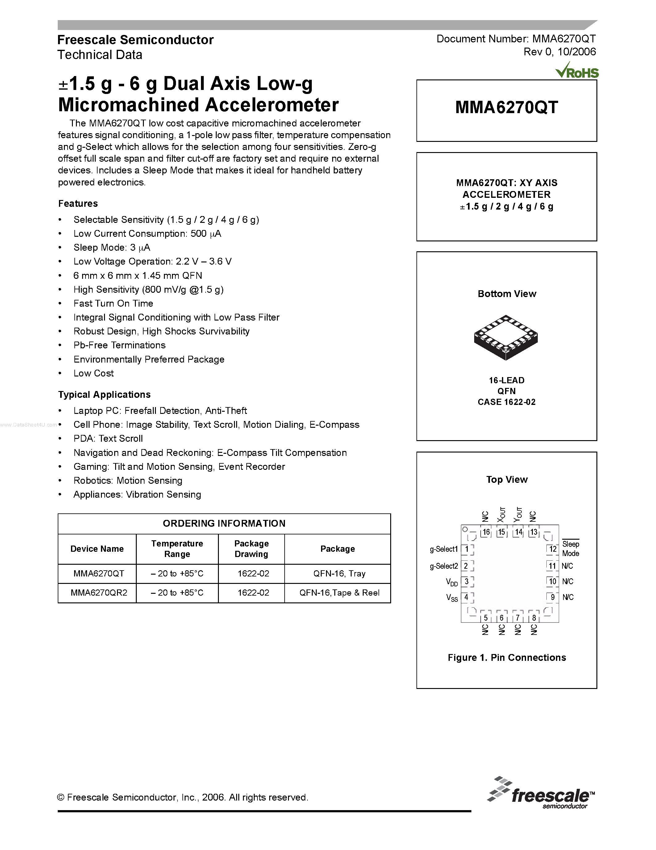 Datasheet MMA6270QT - Dual Axis Low-g Micromachined Accelerometer page 1