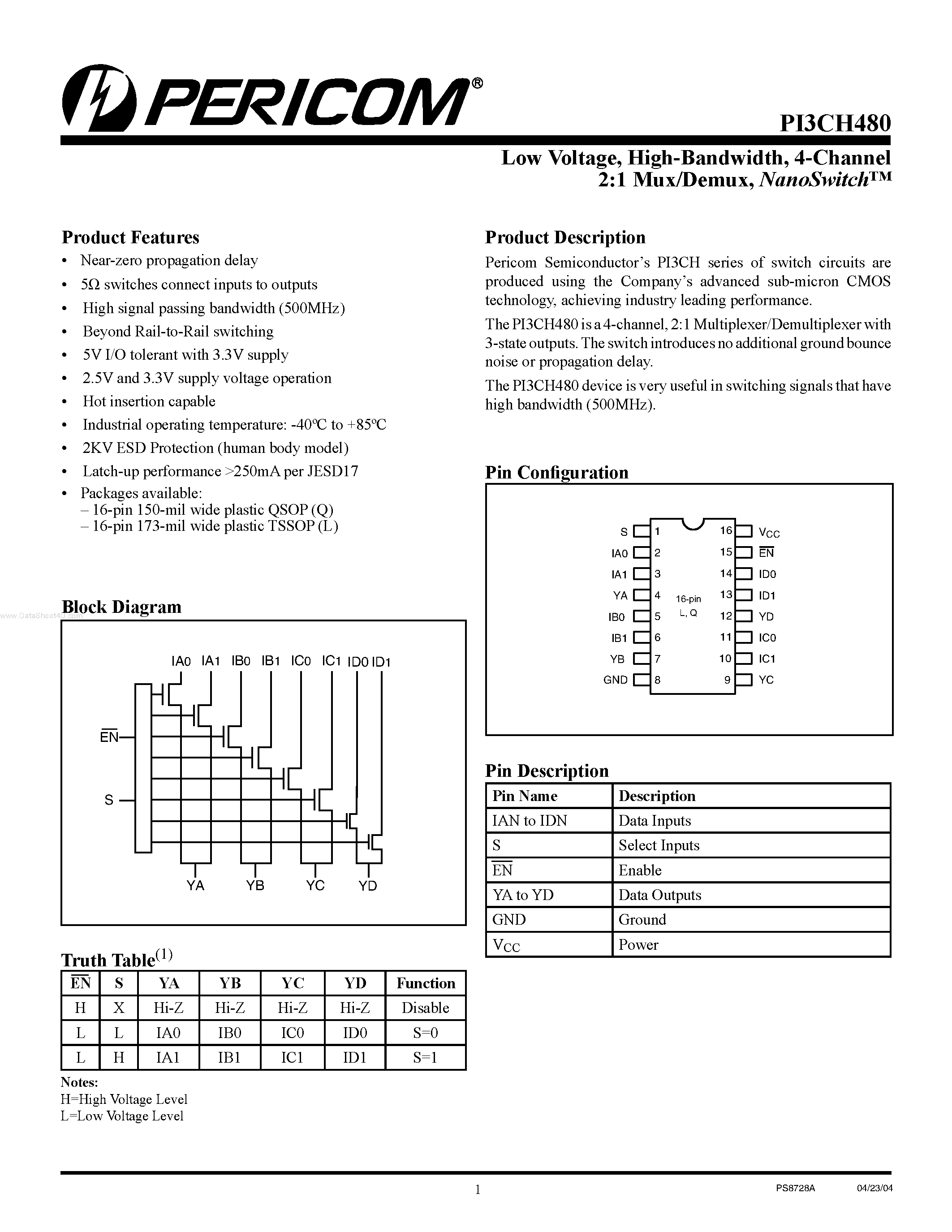 Даташит PI3CH480 - 4-Channel 2:1 Mux/Demux NanoSwitch страница 1