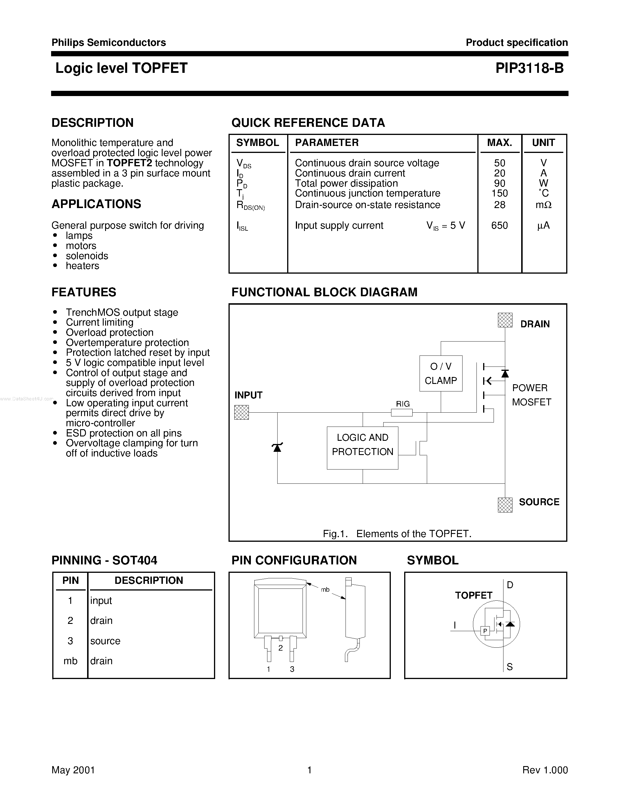 Datasheet PIP3118-B - LOGIC LEVEL TOPFET page 1