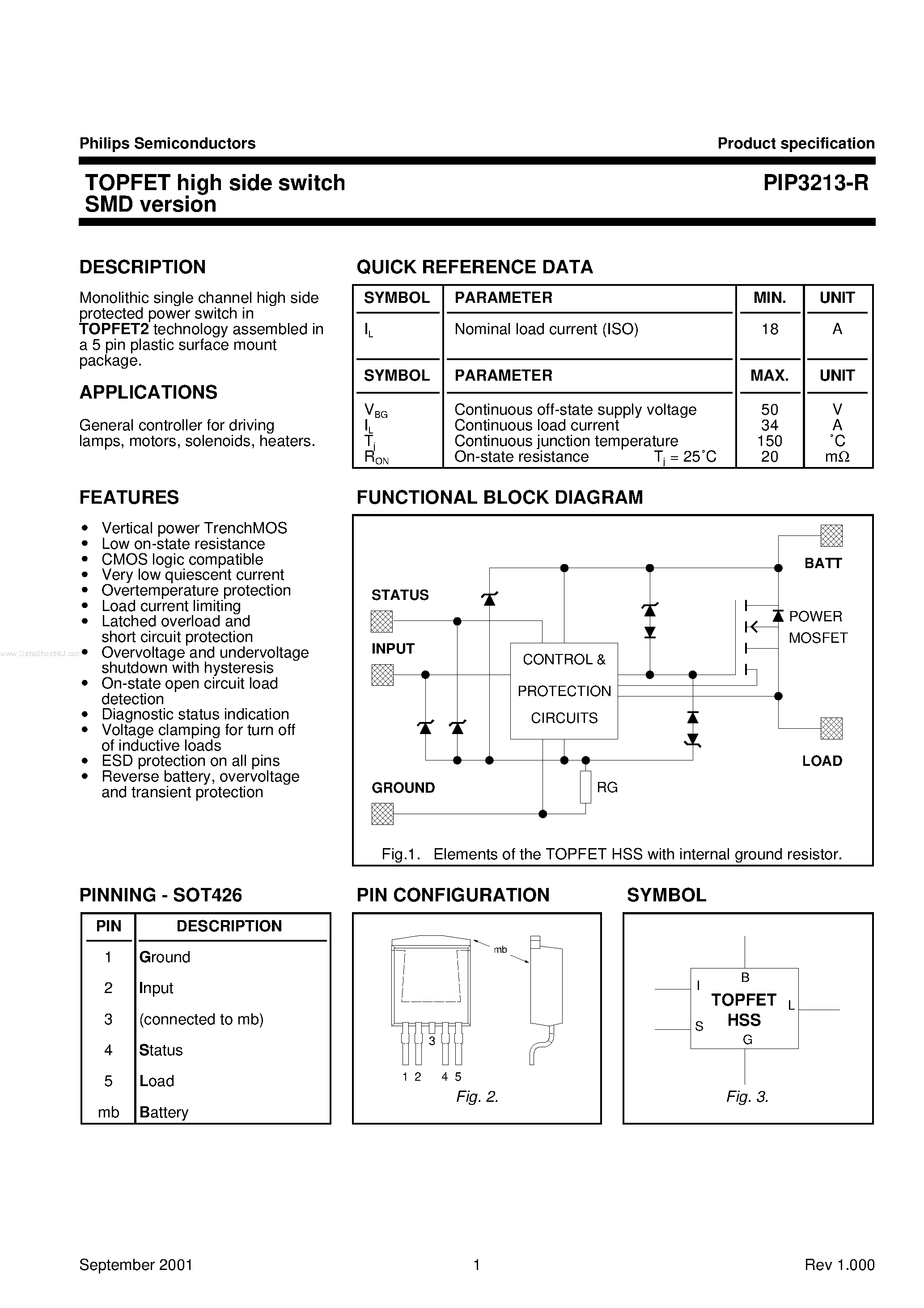 Даташит PIP3213-R - LOGIC LEVEL TOPFET страница 1