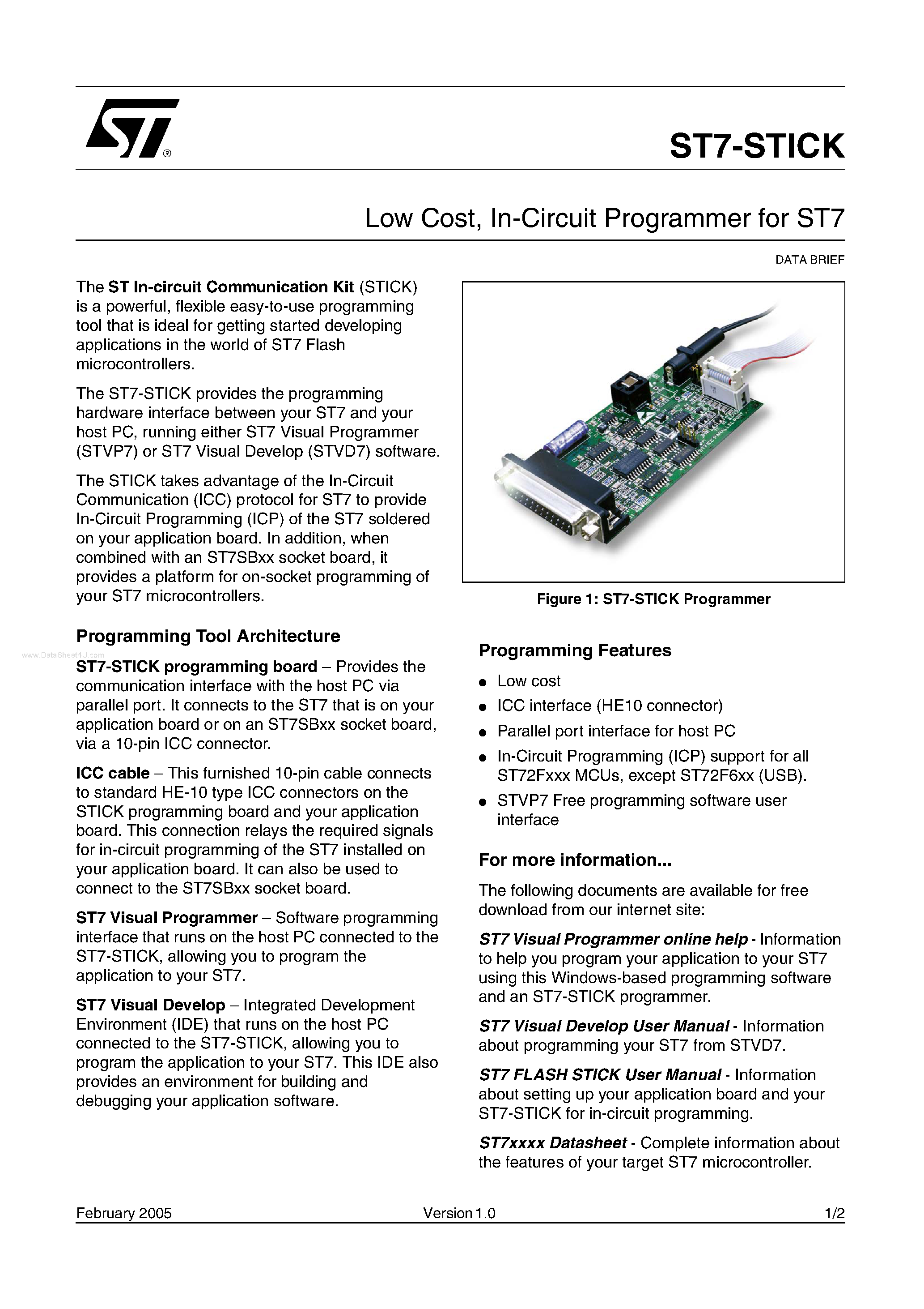 Datasheet ST7-STICK - In-Circuit Programmer page 1