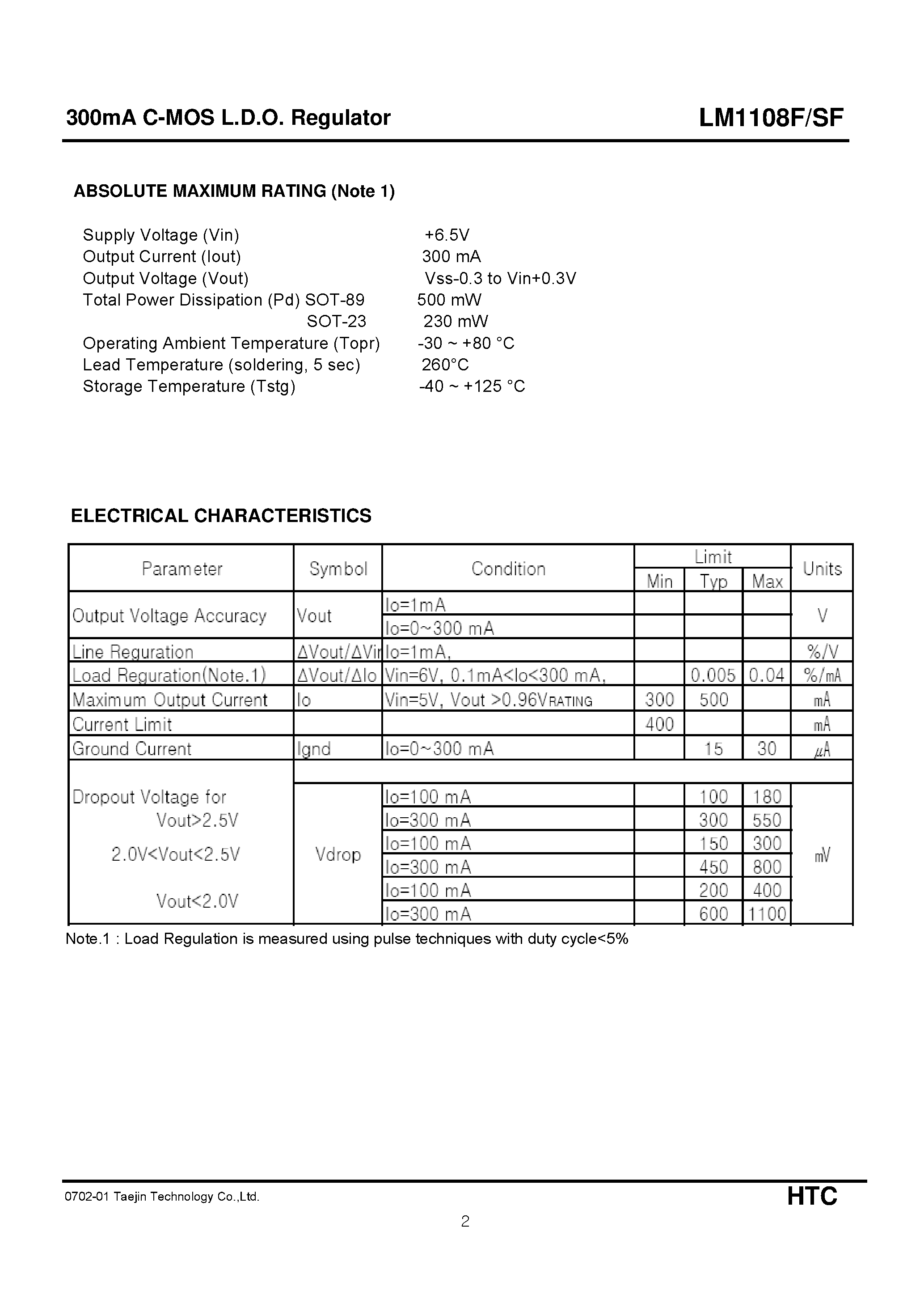 Datasheet LM1108F - C-MOS L.D.O. Regulator page 2