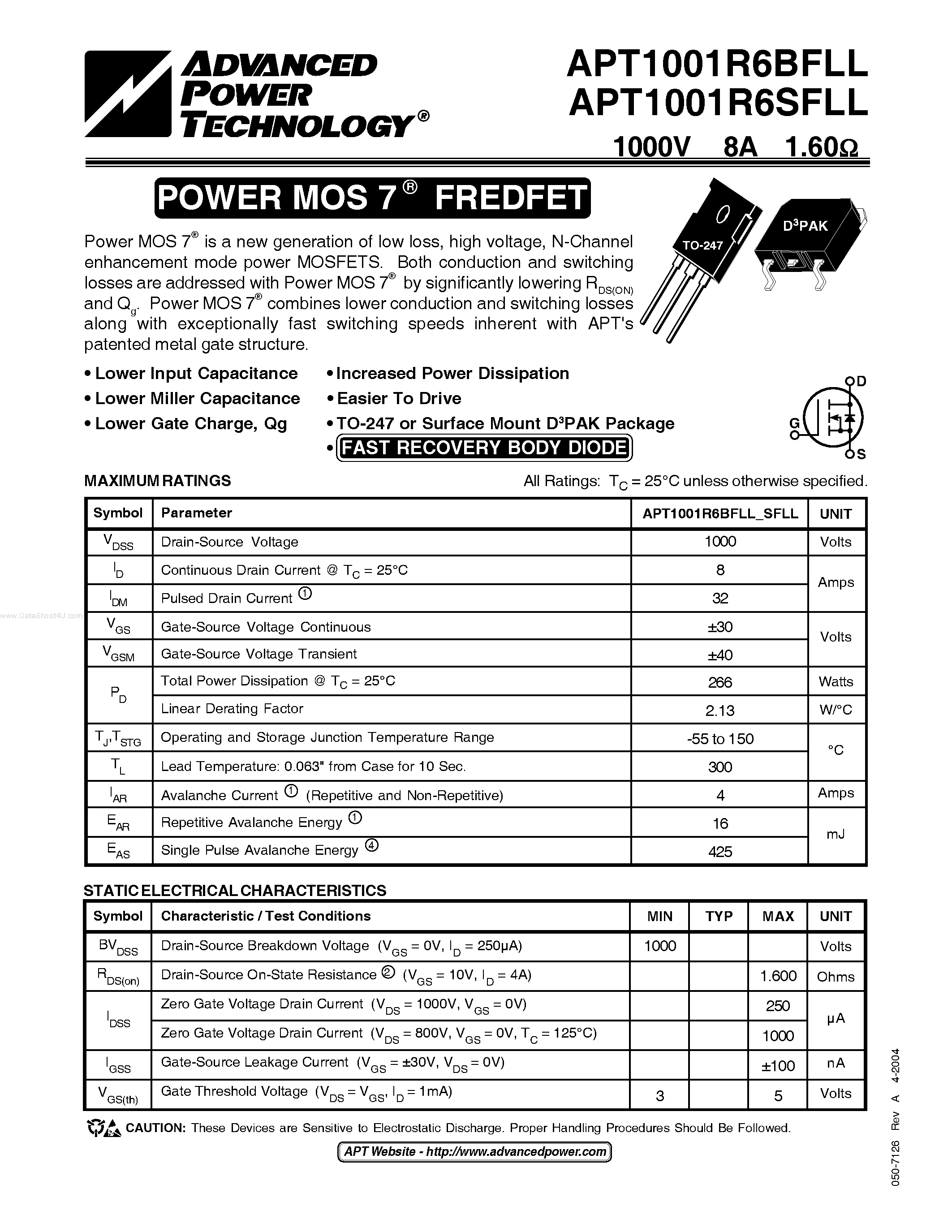 Datasheet APT1001R6BFLL - POWER MOS 7 R FREDFET page 1