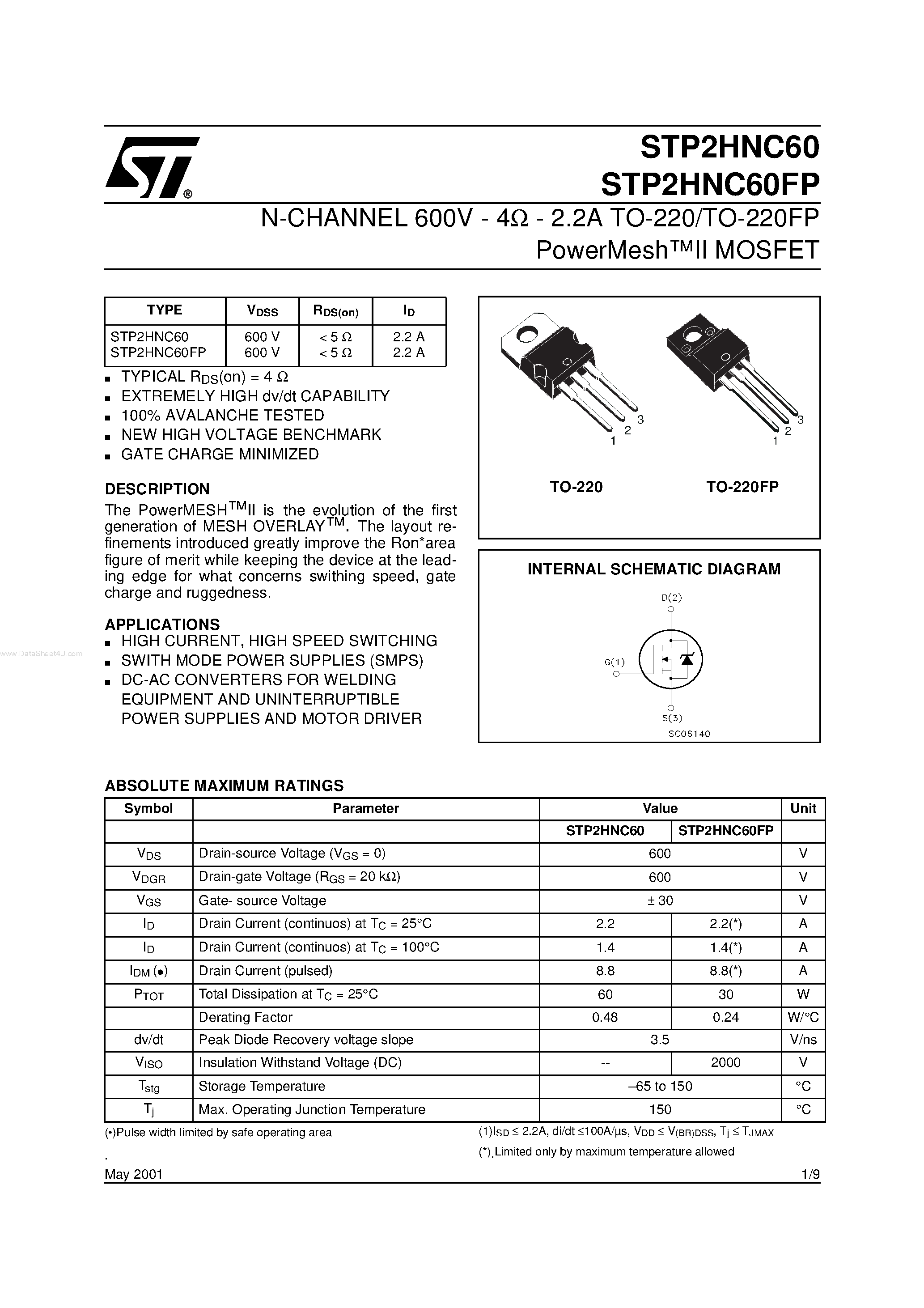 Даташит STP2HNC60 - N-CHANNEL MOSFET страница 1