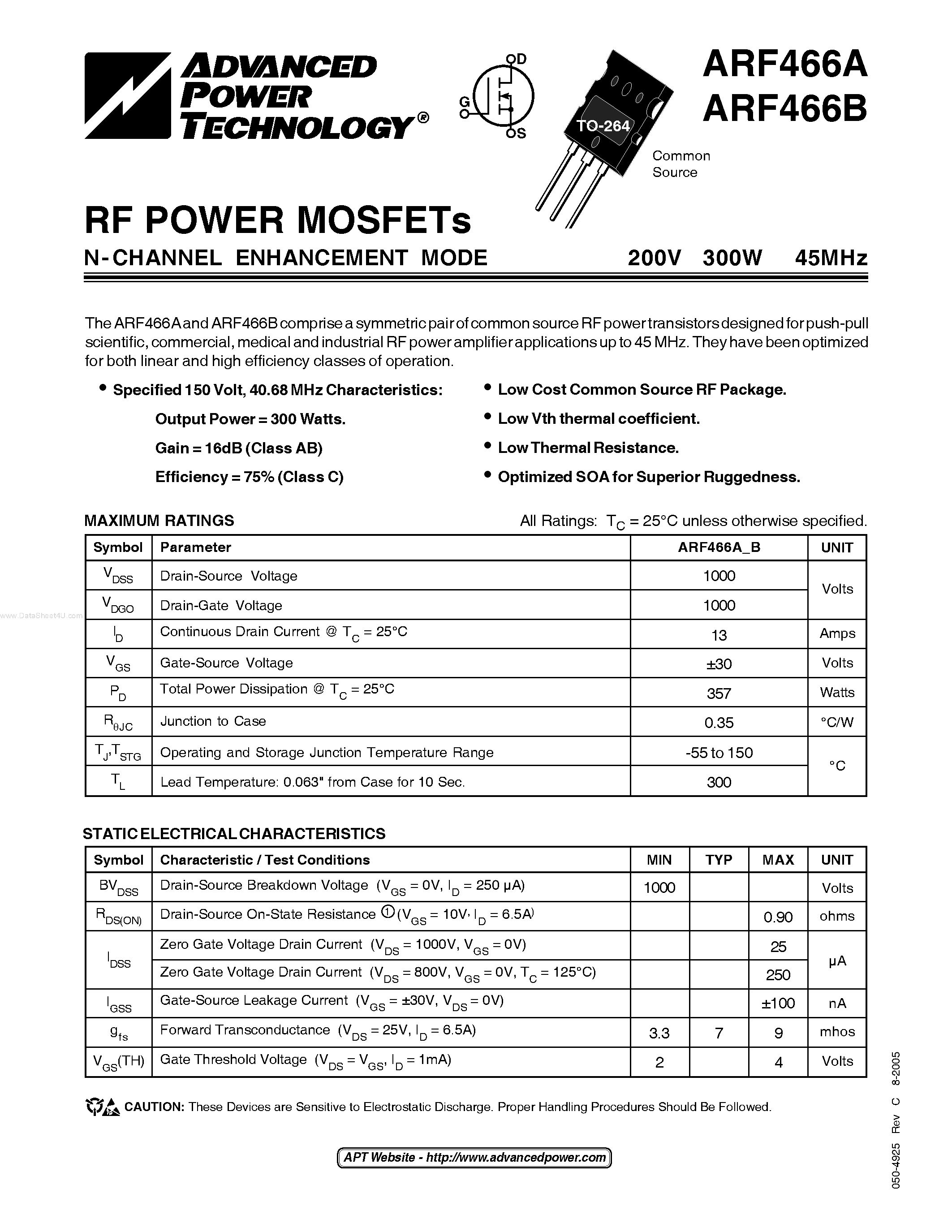 Datasheet ARF466A - (ARF466A/B) N-CHANNEL ENHANCEMENT MODE POWER MOSFETs page 1