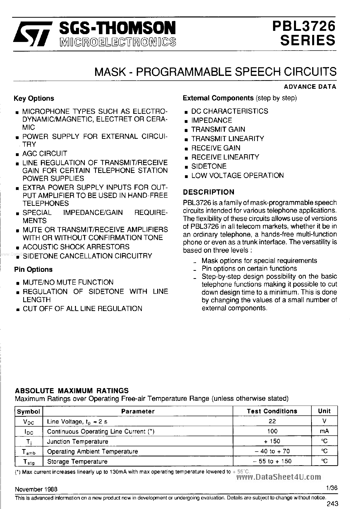 Даташит PBL3726 - (PBL3726 Series) MASK - PROGRAMMABLE SPEECH CIRCUITS страница 1