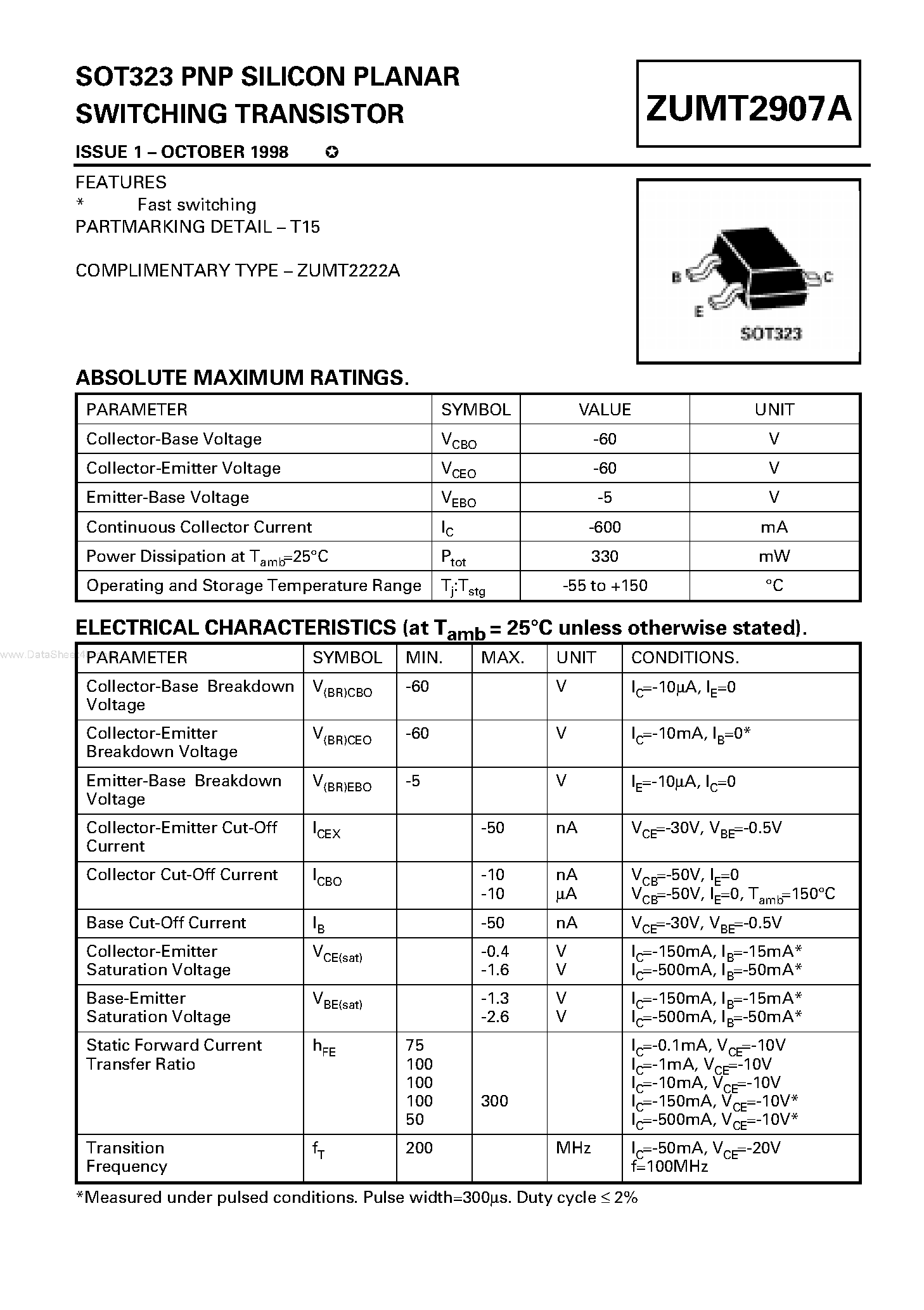 Datasheet ZUMT2907A - PNP SILICON PLANAR SWITCHING TRANSISTOR page 1