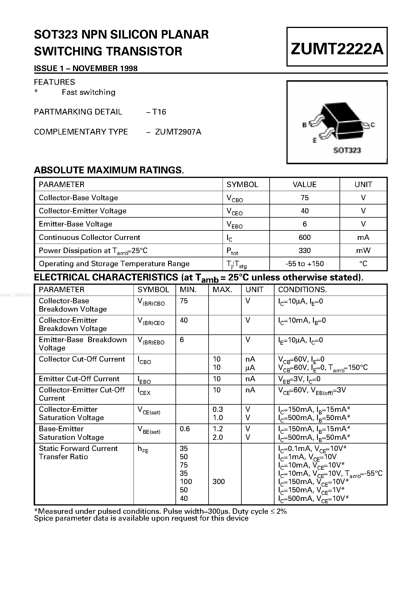 Datasheet ZUMT2222A - PNP SILICON PLANAR SWITCHING TRANSISTOR page 1