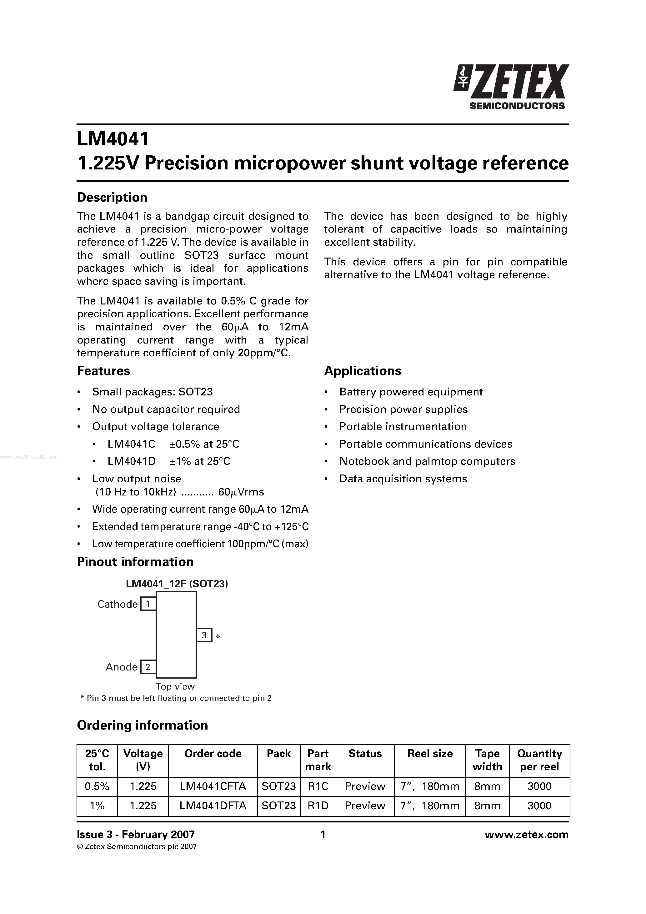 Datasheet LM4041 - Precision micropower shunt voltage reference page 1