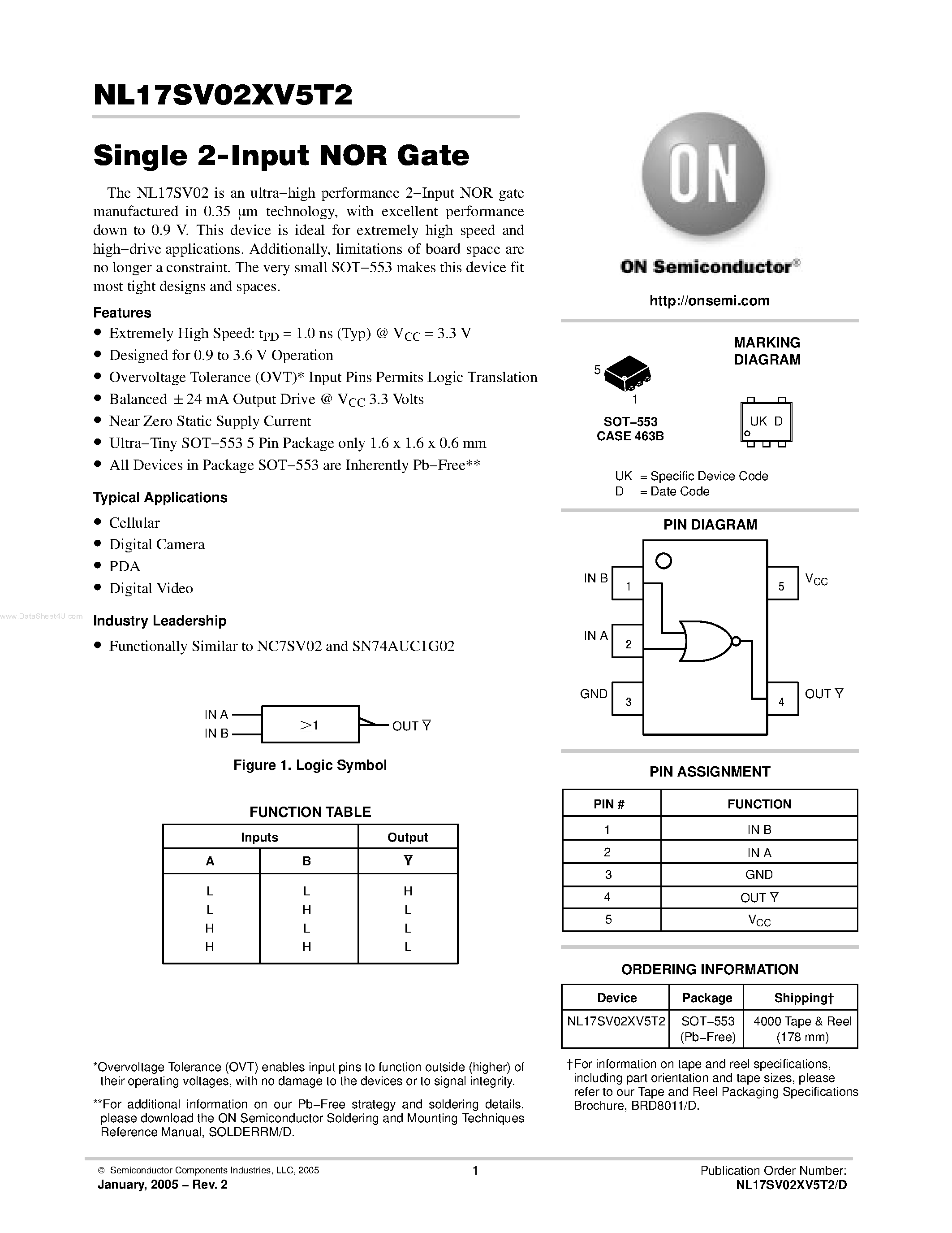 Даташит NL17SV02XV5T2 - Single 2-Input NOR Gate страница 1