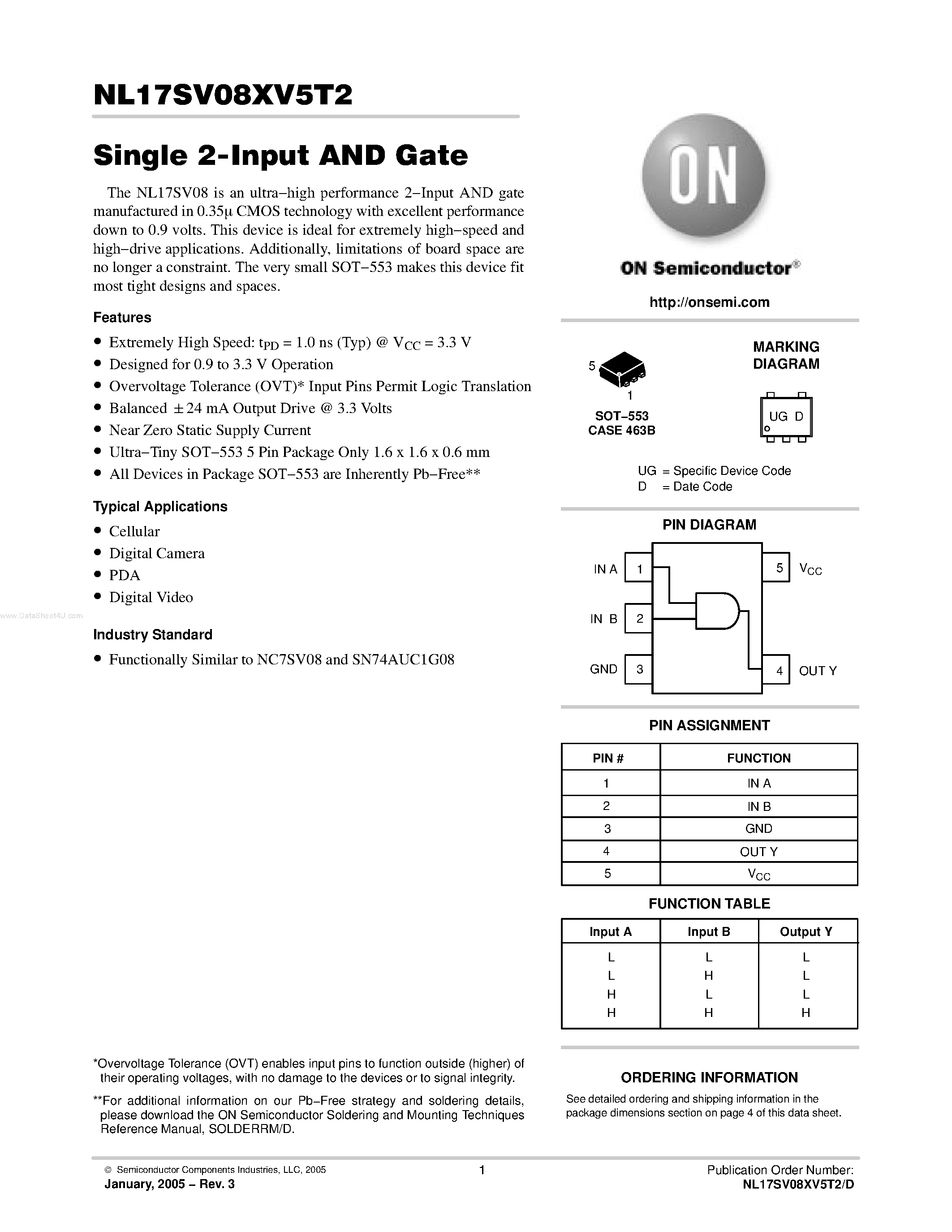 Даташит NL17SV08XV5T2 - Single 2-Input AND Gate страница 1