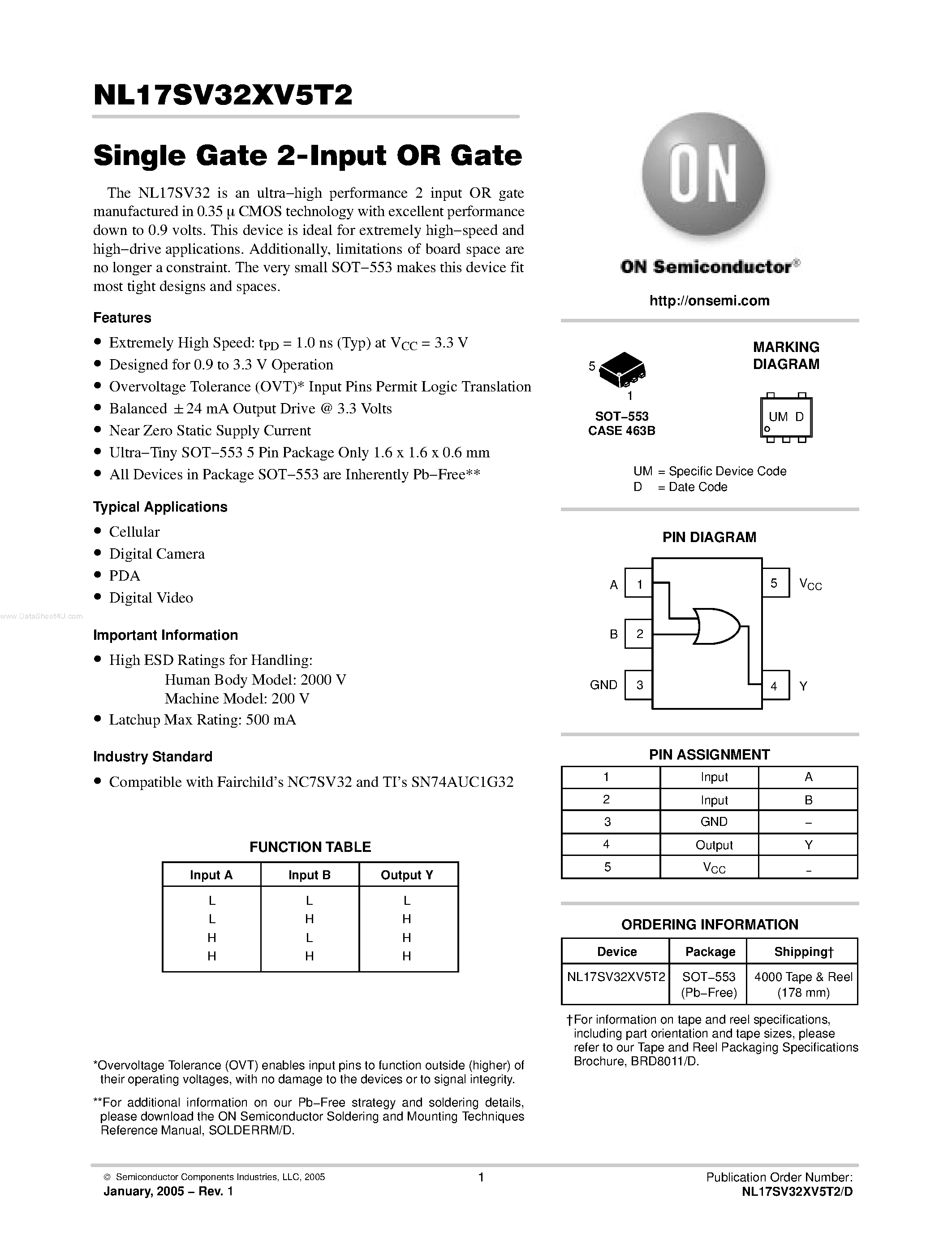 Даташит NL17SV32XV5T2 - Single Gate 2-Input OR Gate страница 1