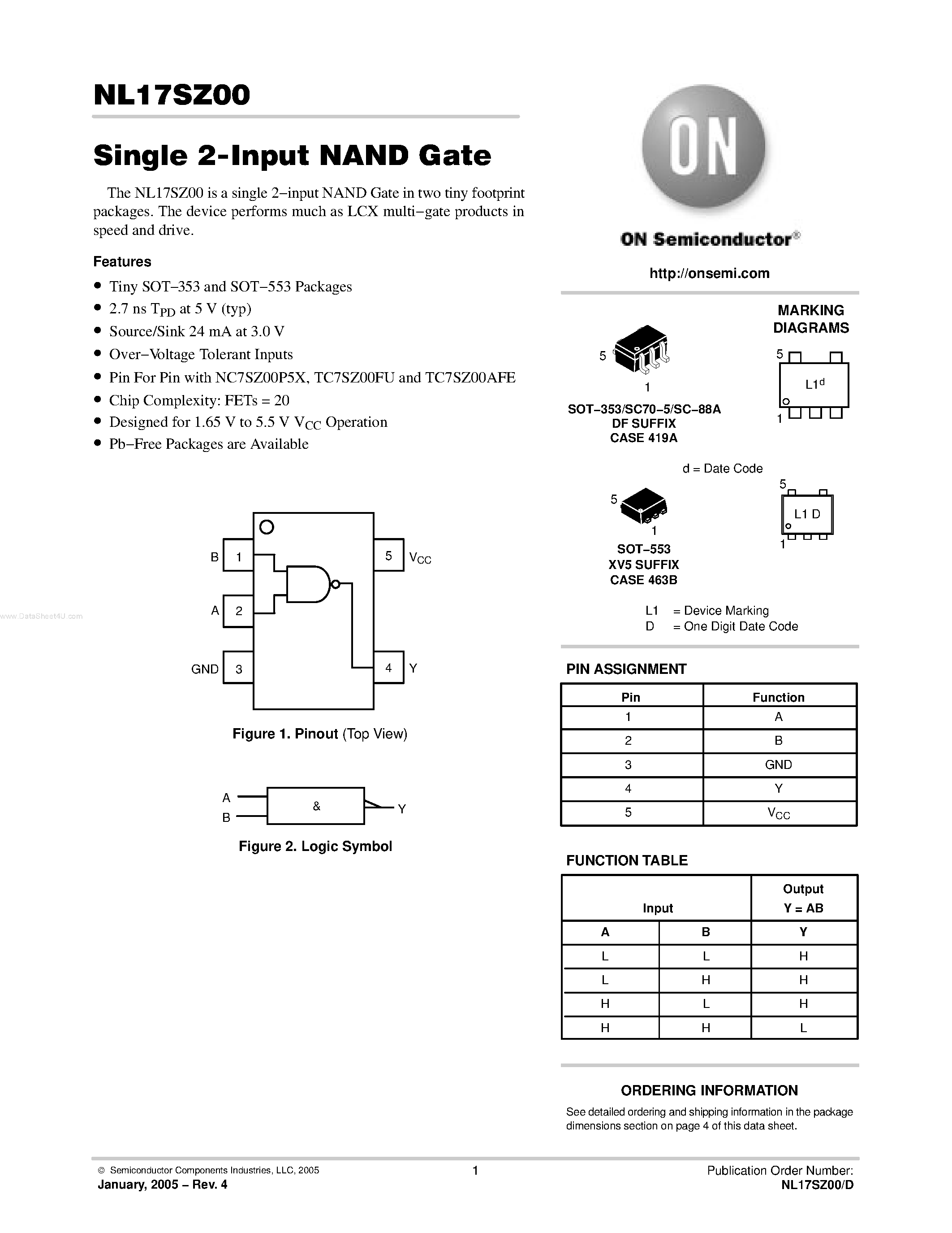 Даташит NL17SZ00 - Single 2-Input NAND Gate страница 1