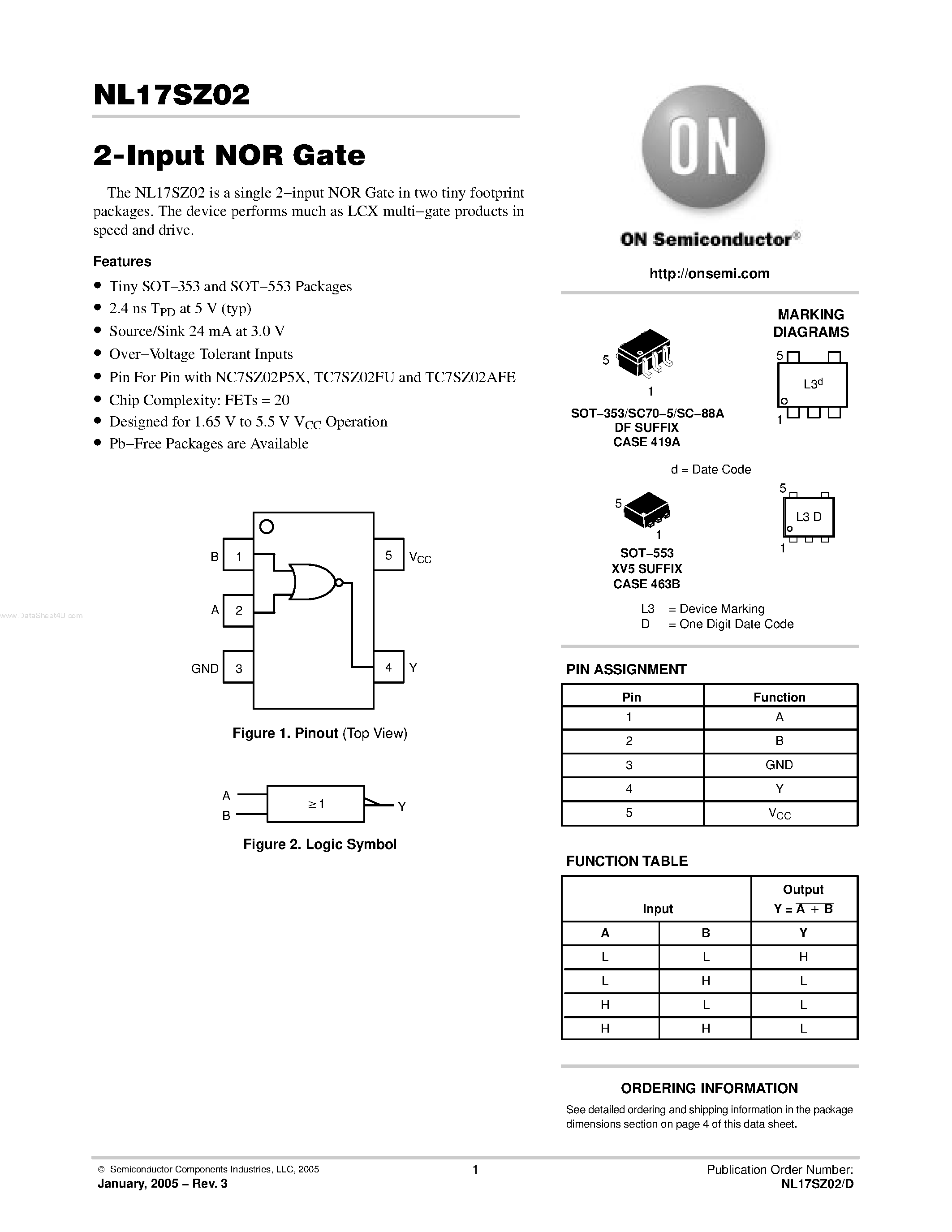 Даташит NL17SZ02 - 2-Input NOR Gate страница 1