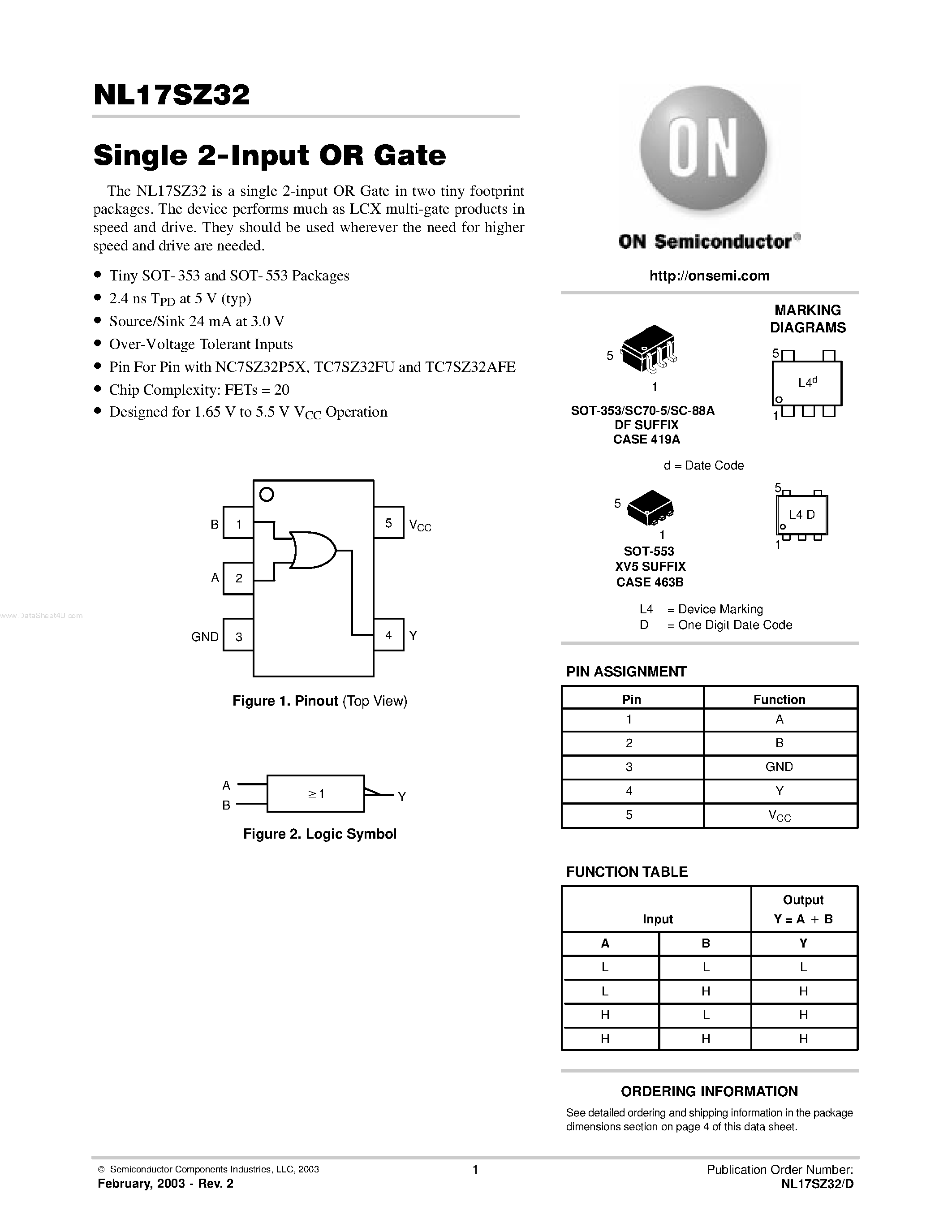 Даташит NL17SZ32 - Single 2-Input OR Gate страница 1