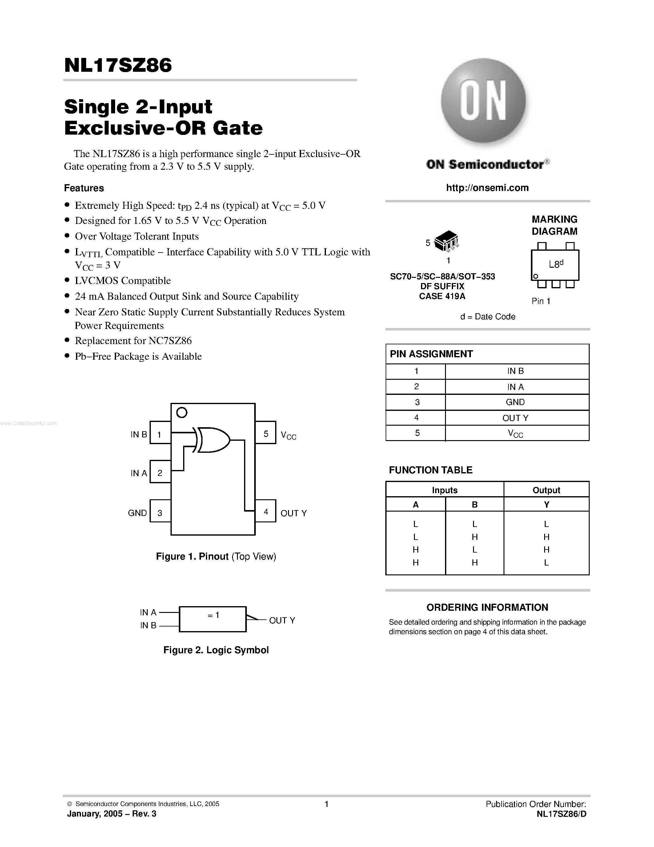 Даташит NL17SZ86 - Single 2-Input Exclusive-OR Gate страница 1