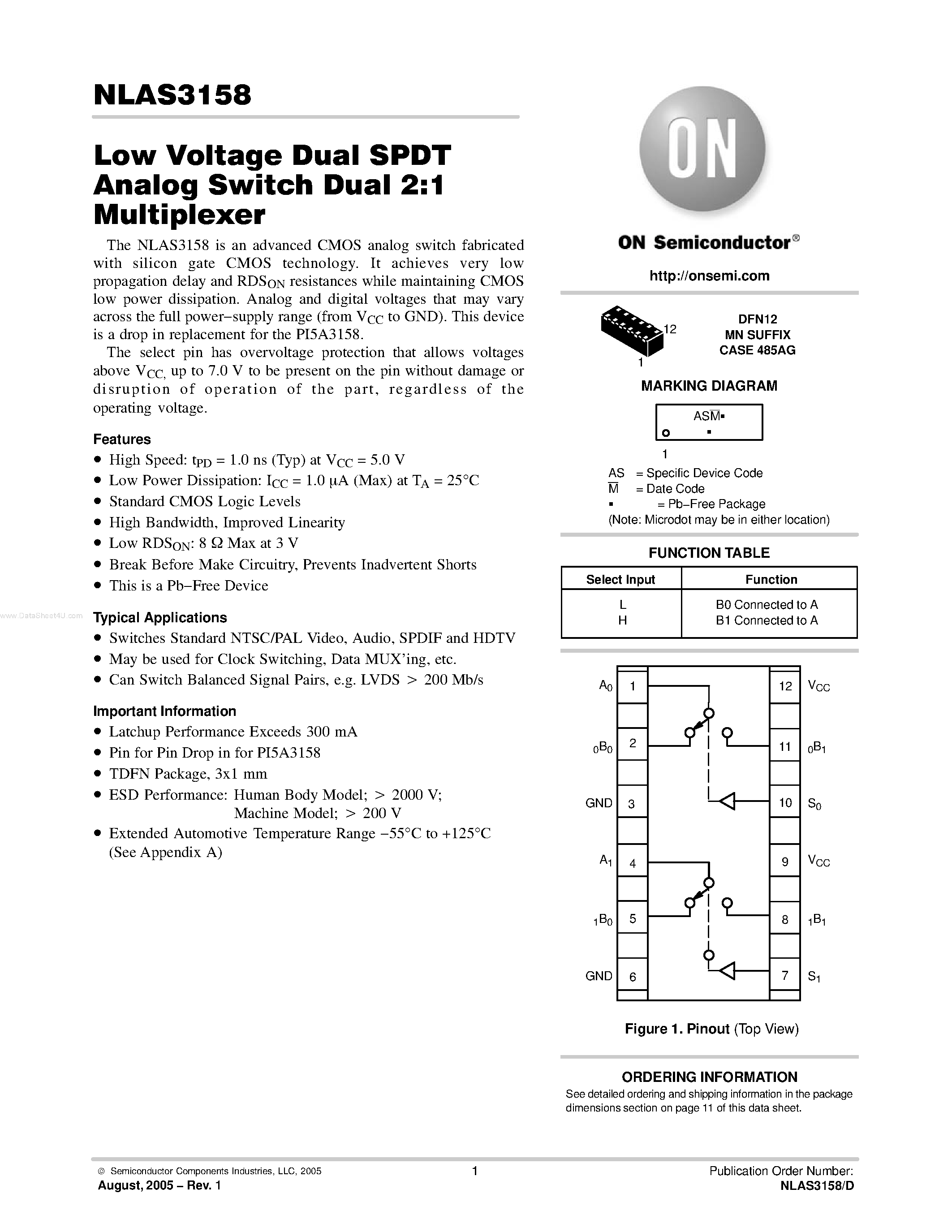 Даташит NLAS3158 - Low Voltage Dual SPDT Analog Switch Dual 2:1 Multiplexer страница 1